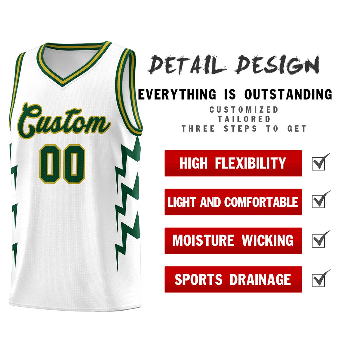 Custom White Side Lightning Pattern Sports Uniform Basketball Jersey