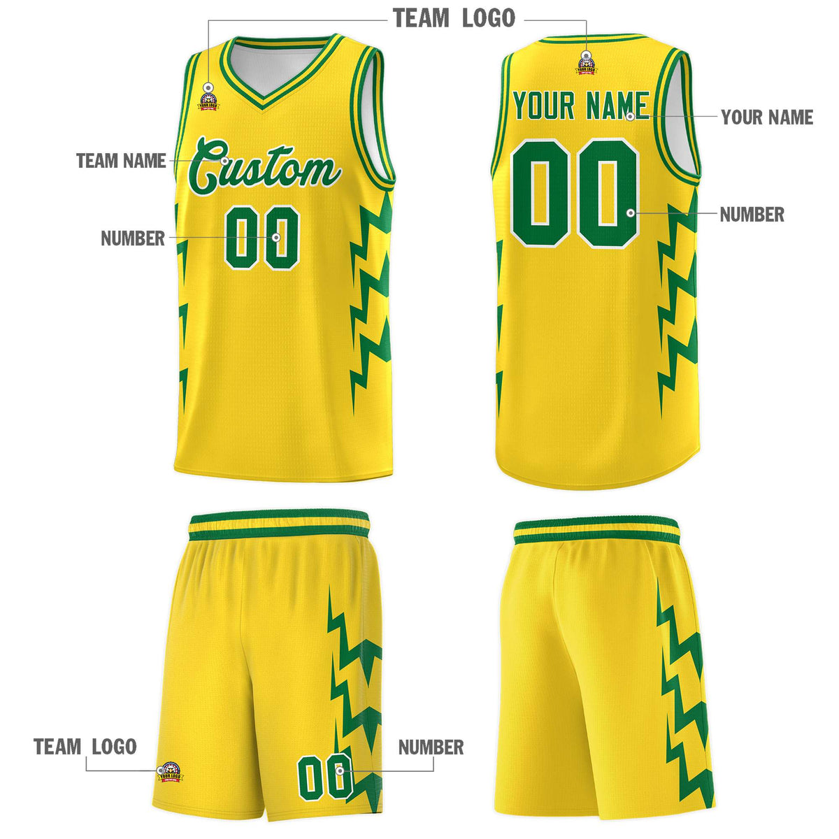 Custom Gold Side Lightning Pattern Sports Uniform Basketball Jersey