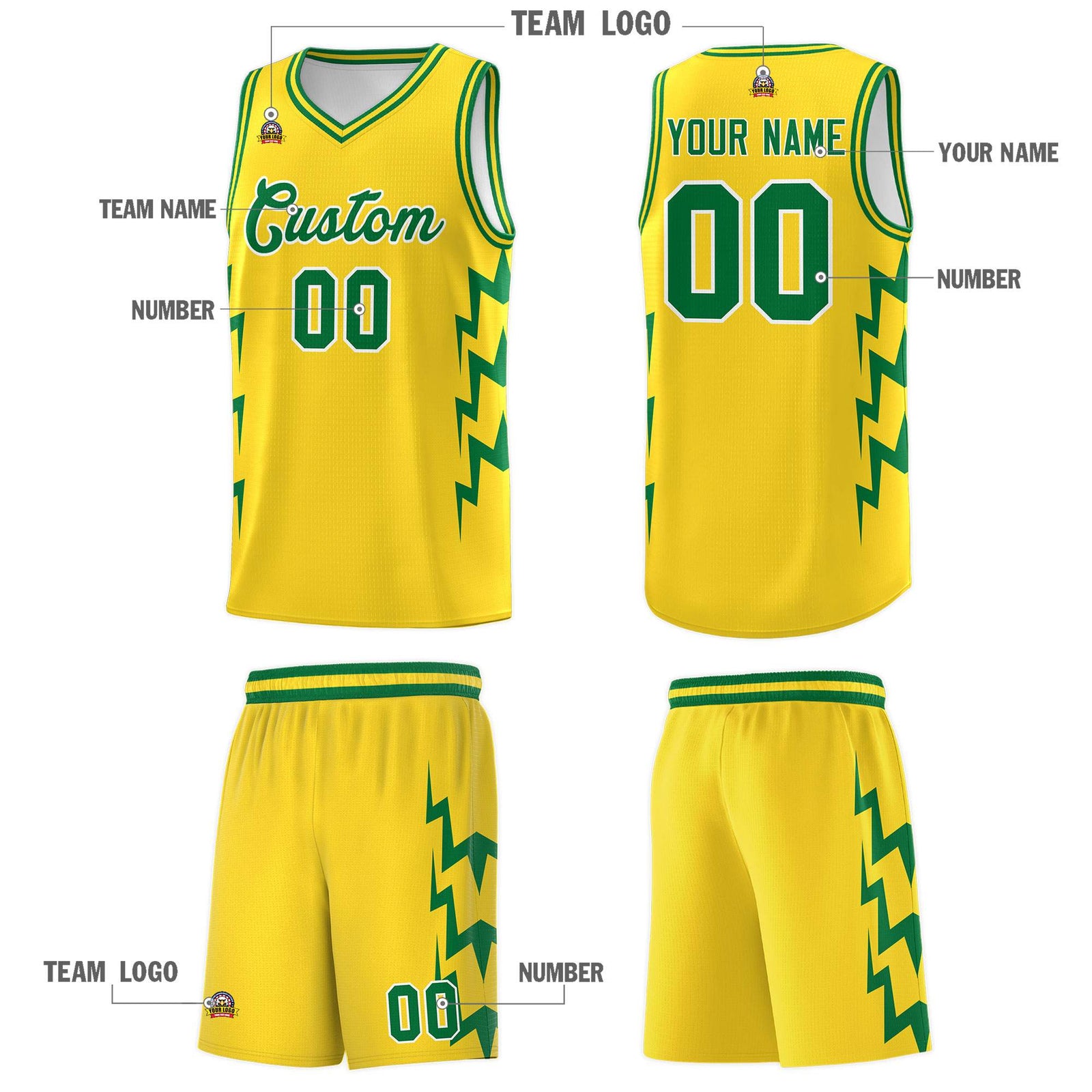Custom Gold Side Lightning Pattern Sports Uniform Basketball Jersey