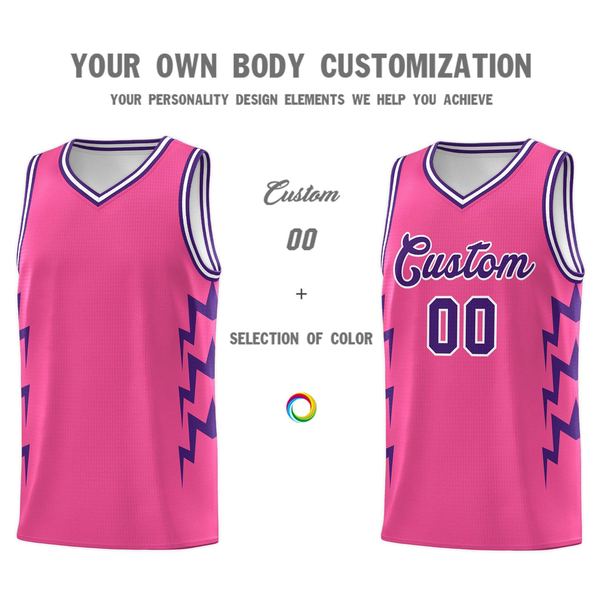 Custom Pink Side Lightning Pattern Sports Uniform Basketball Jersey
