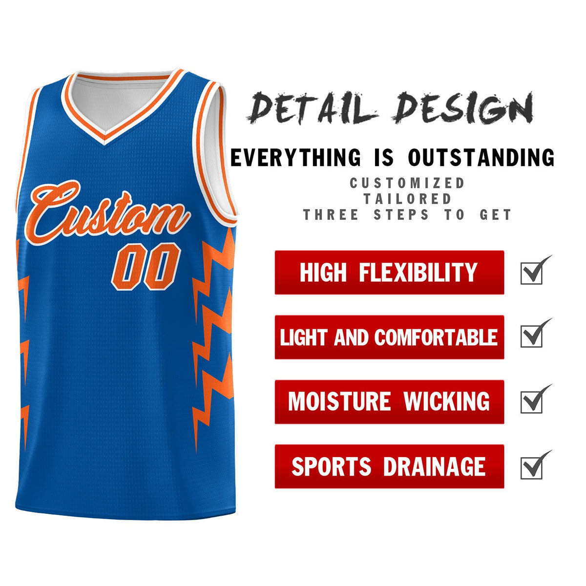 Custom Royal Side Lightning Pattern Sports Uniform Basketball Jersey