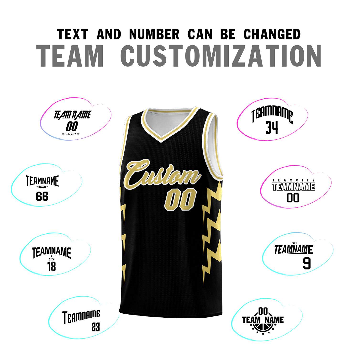 Custom Black Side Lightning Pattern Sports Uniform Basketball Jersey