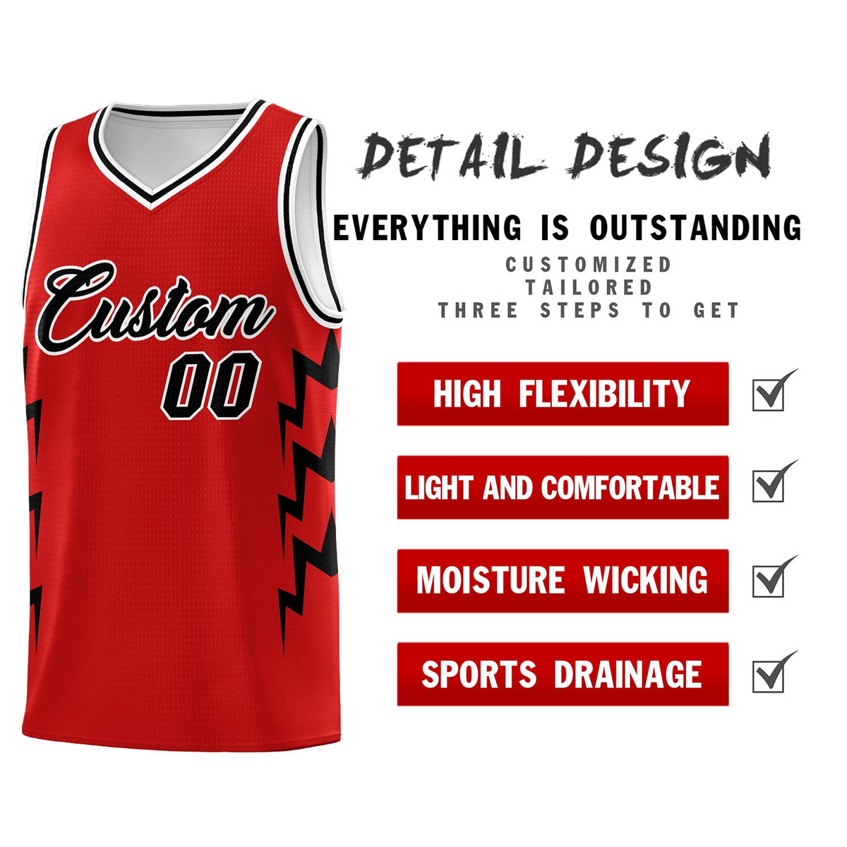 Custom Red Side Lightning Pattern Sports Uniform Basketball Jersey