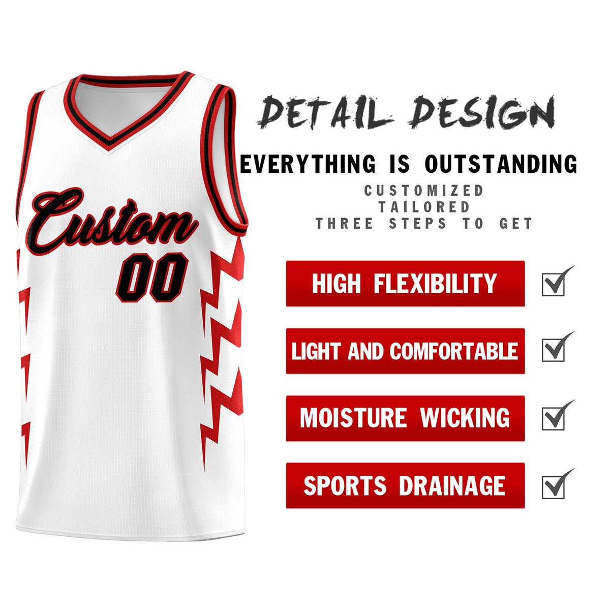 Custom White Side Lightning Pattern Sports Uniform Basketball Jersey