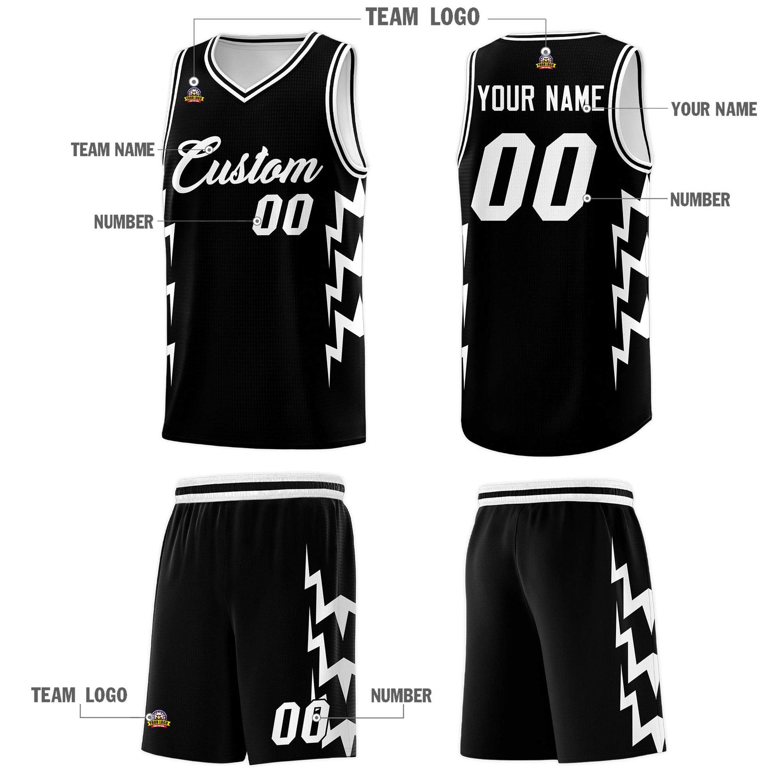 Custom Black Side Lightning Pattern Sports Uniform Basketball Jersey