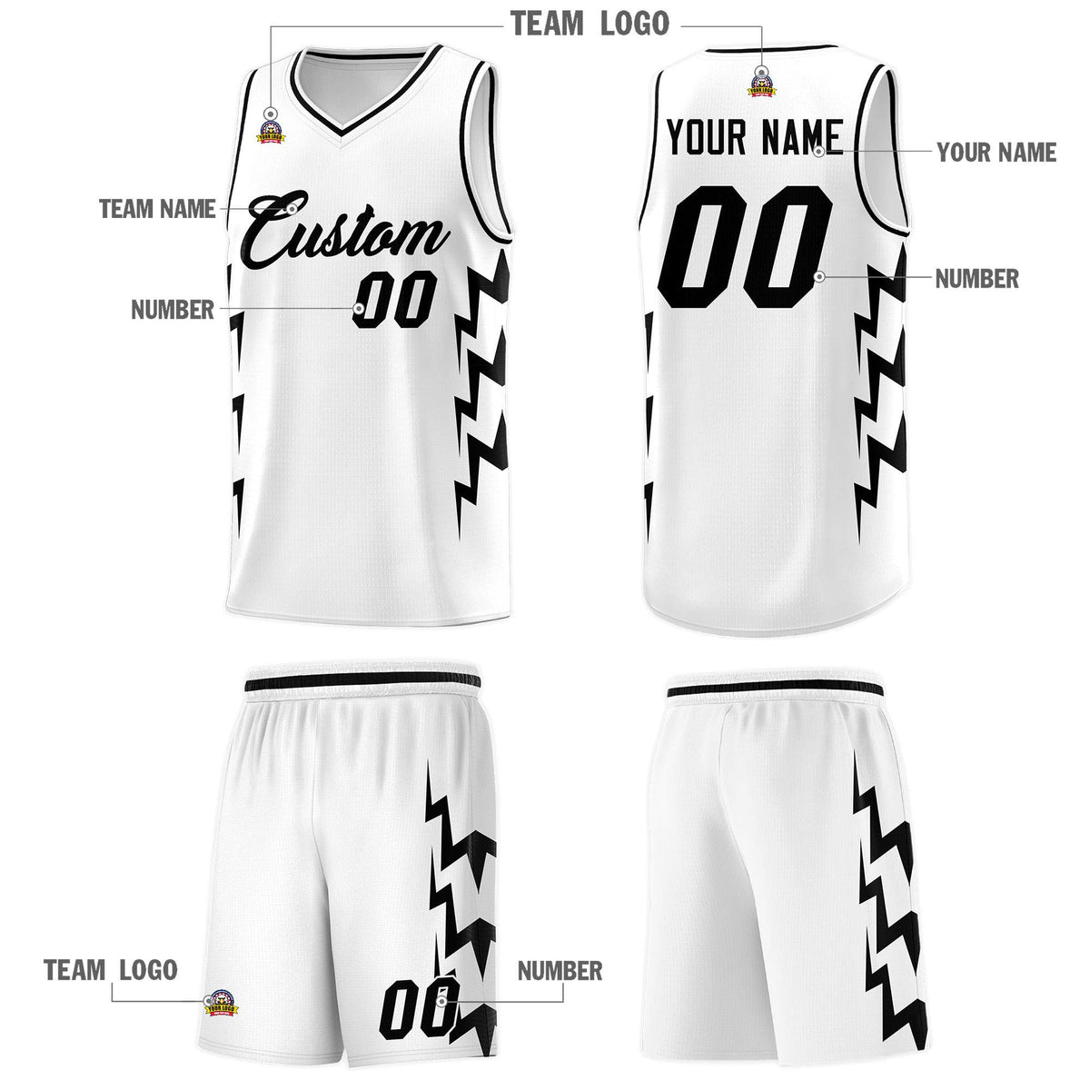 Custom White Side Lightning Pattern Sports Uniform Basketball Jersey