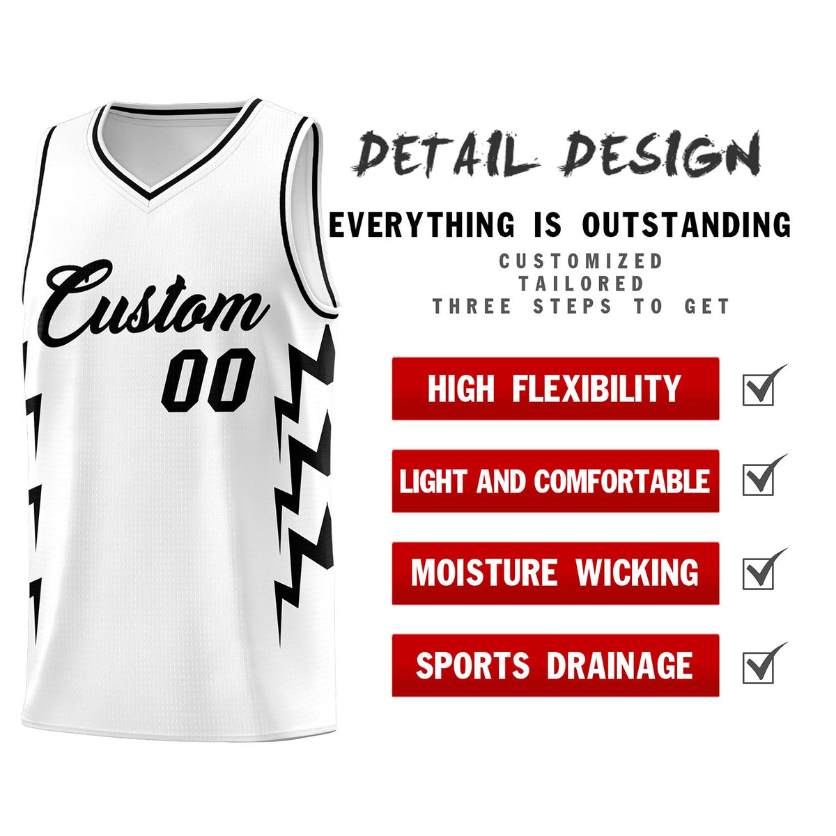 Custom White Side Lightning Pattern Sports Uniform Basketball Jersey