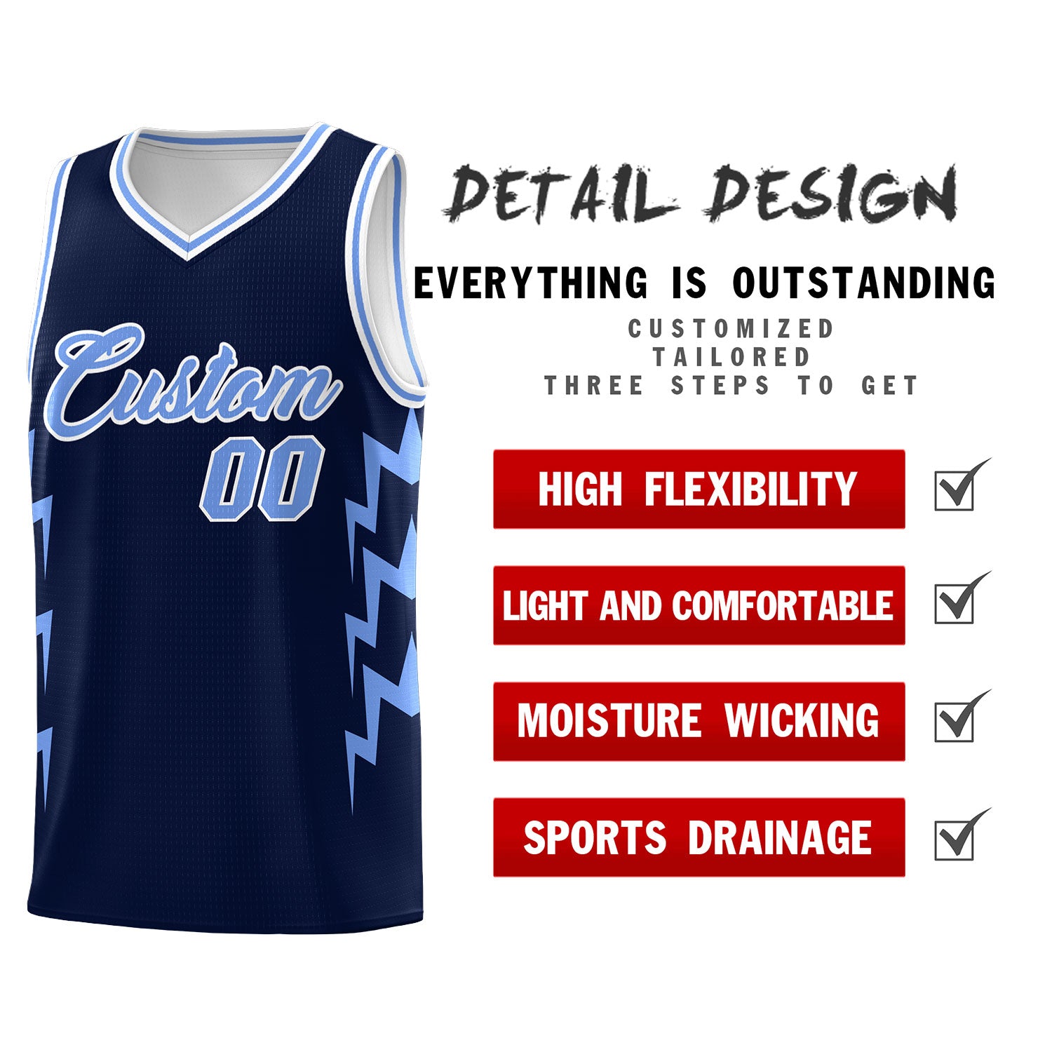 Custom Navy Side Lightning Pattern Sports Uniform Basketball Jersey