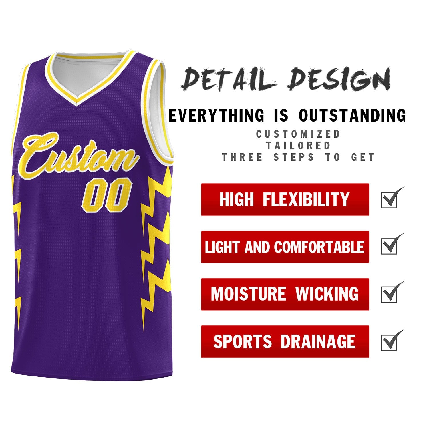 Custom Purple Side Lightning Pattern Sports Uniform Basketball Jersey