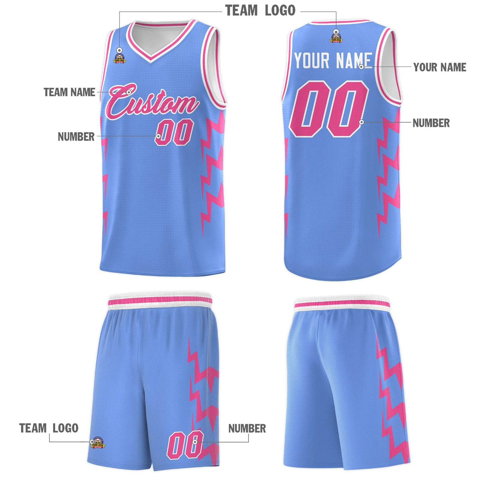 Custom Light Blue Side Lightning Pattern Sports Uniform Basketball Jersey