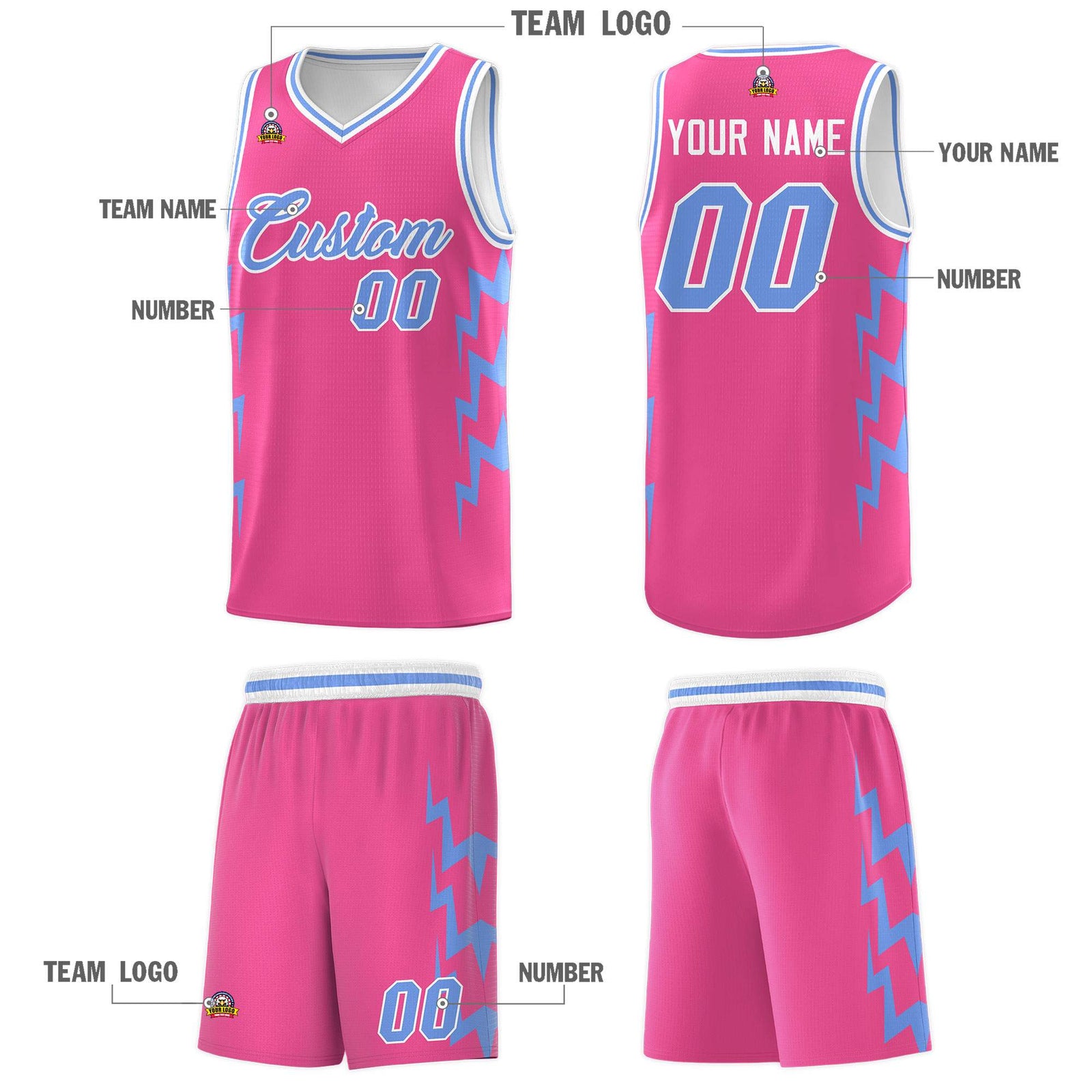 Custom Pink Side Lightning Pattern Sports Uniform Basketball Jersey