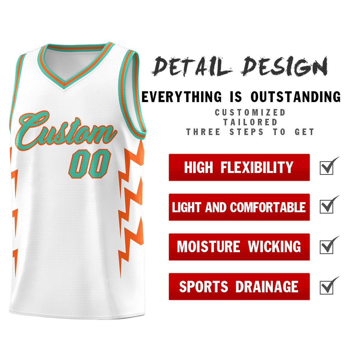 Custom White Side Lightning Pattern Sports Uniform Basketball Jersey
