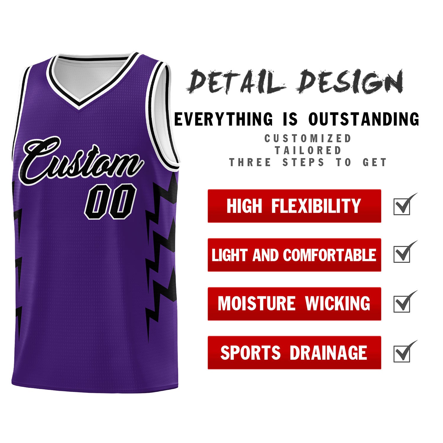 Custom Purple Side Lightning Pattern Sports Uniform Basketball Jersey