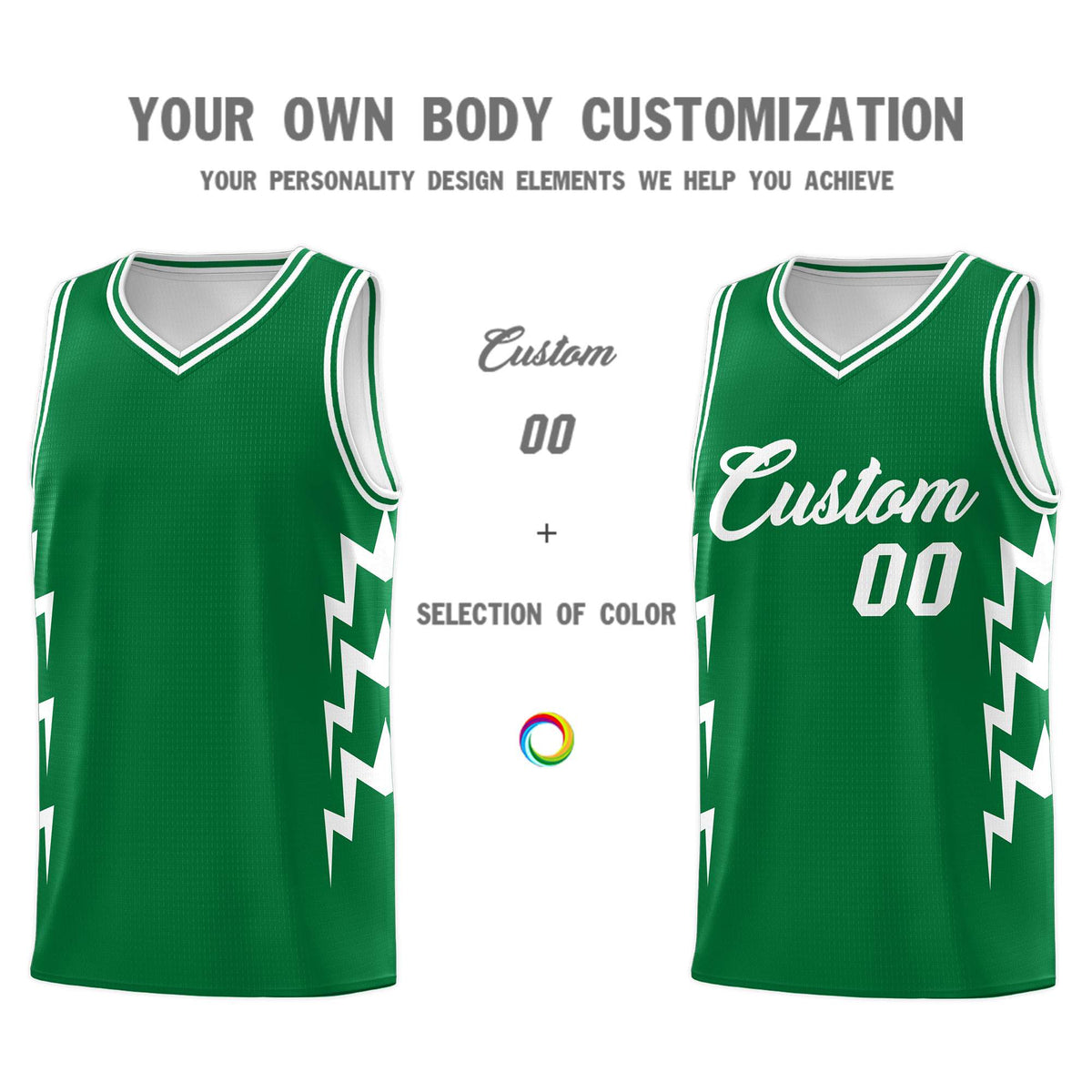 Custom Kelly Green Side Lightning Pattern Sports Uniform Basketball Jersey