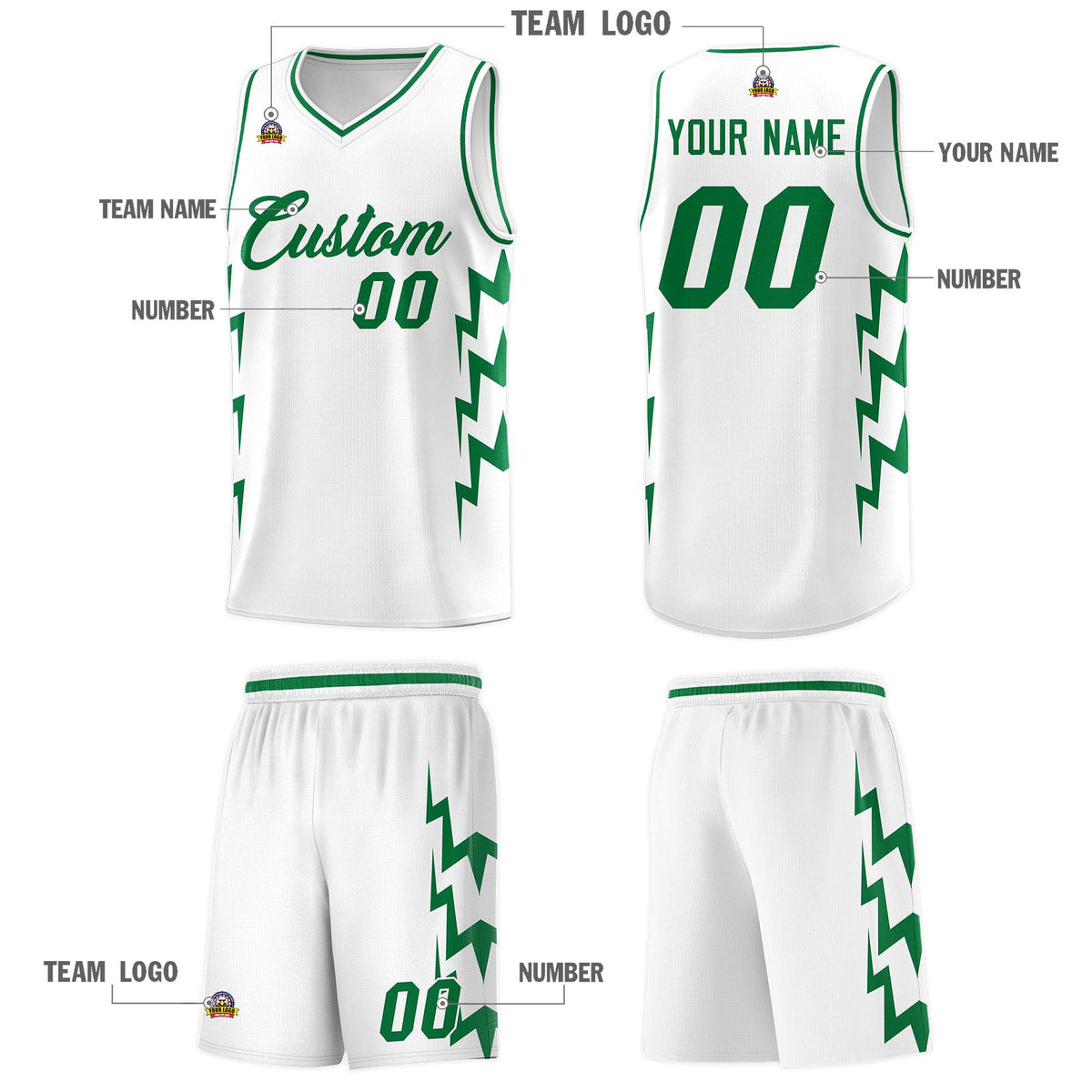 Custom White Side Lightning Pattern Sports Uniform Basketball Jersey