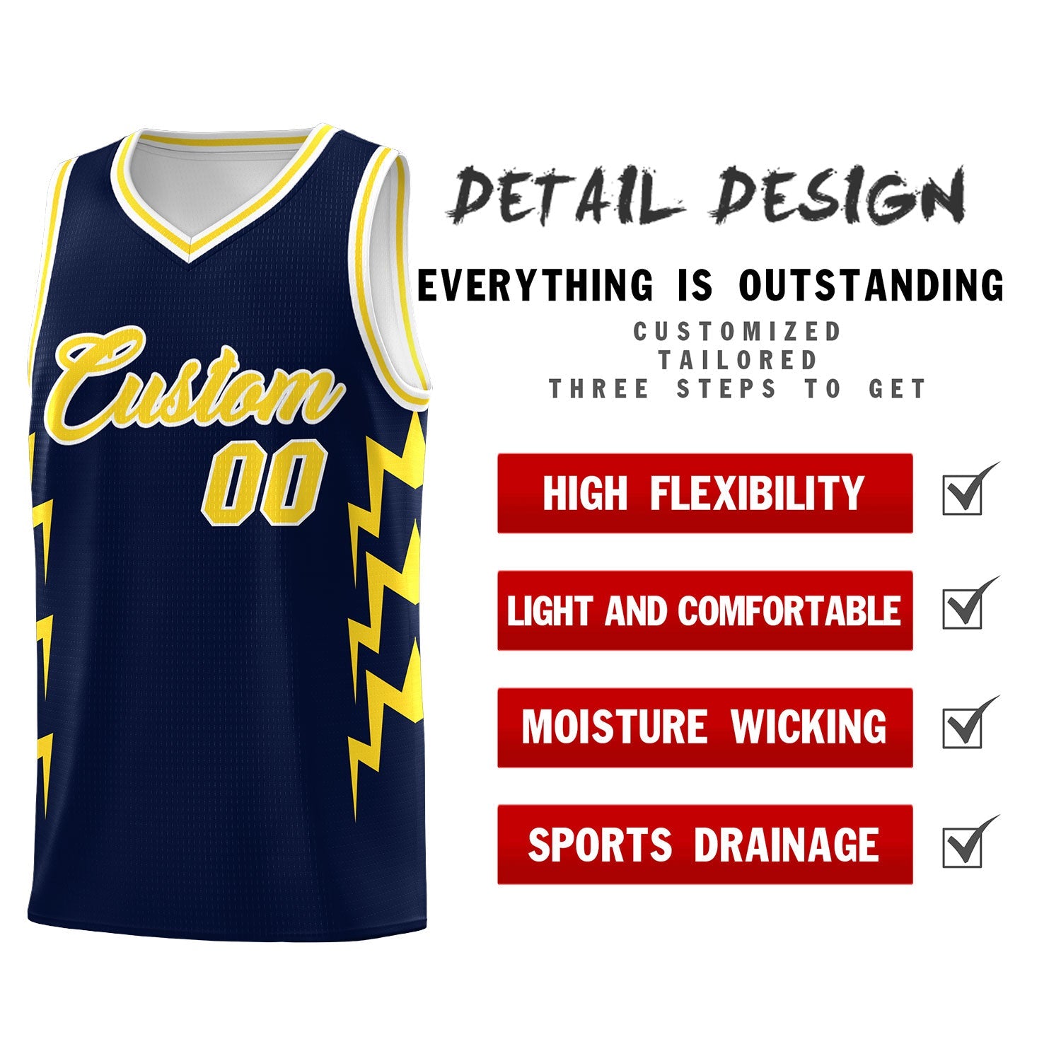 Custom Navy Side Lightning Pattern Sports Uniform Basketball Jersey
