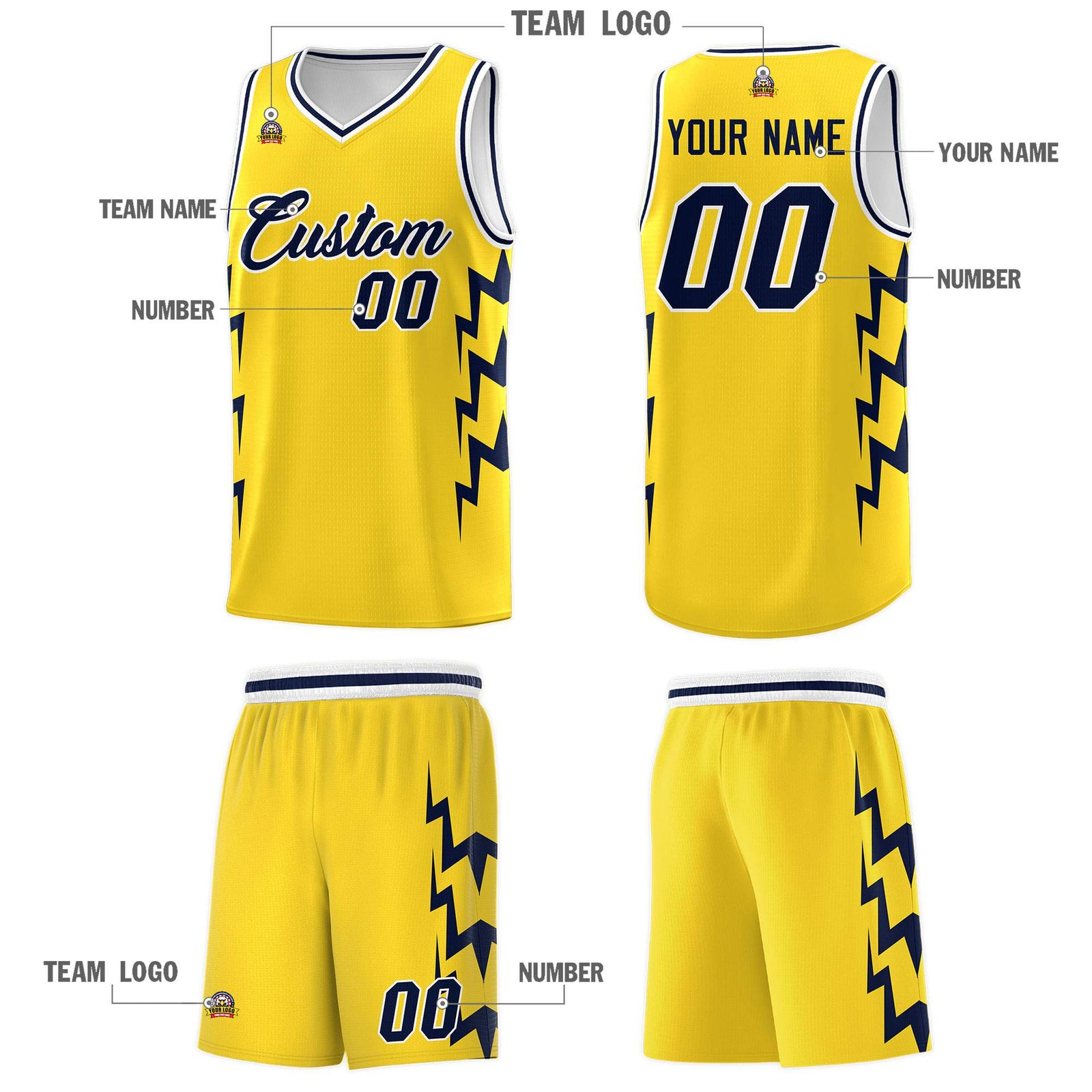 Custom Gold Side Lightning Pattern Sports Uniform Basketball Jersey