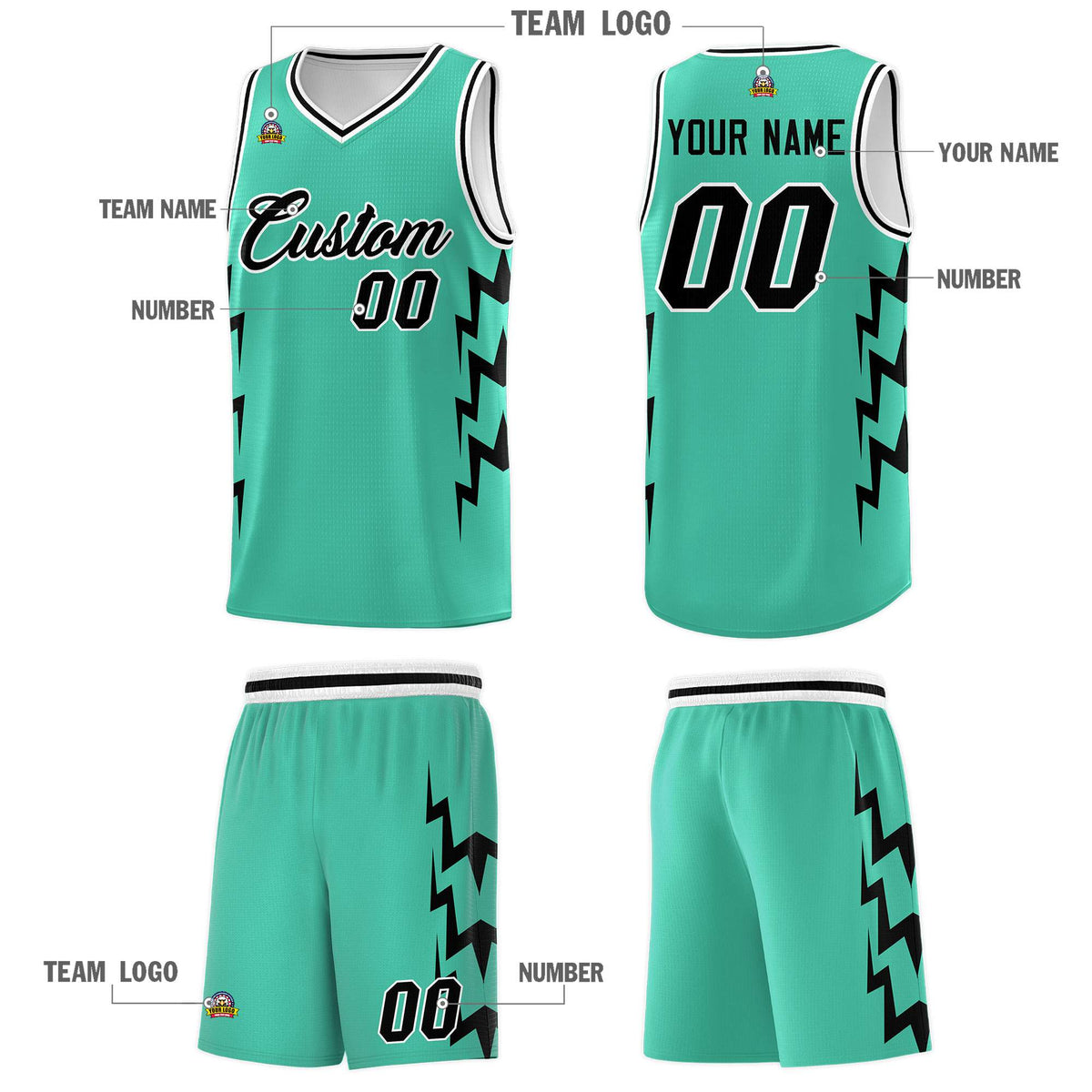 Custom Bright Green Side Lightning Pattern Sports Uniform Basketball Jersey