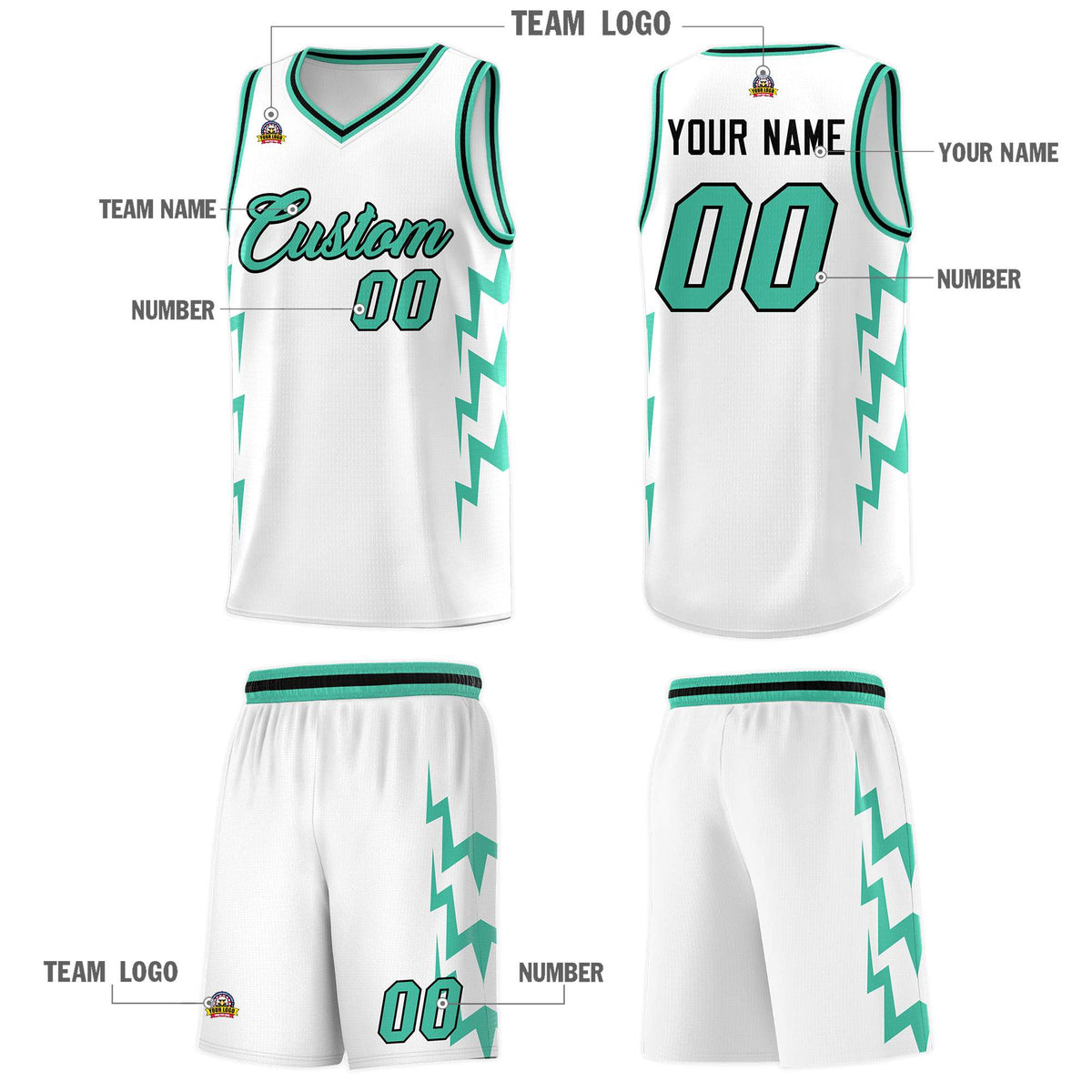 Custom White Side Lightning Pattern Sports Uniform Basketball Jersey