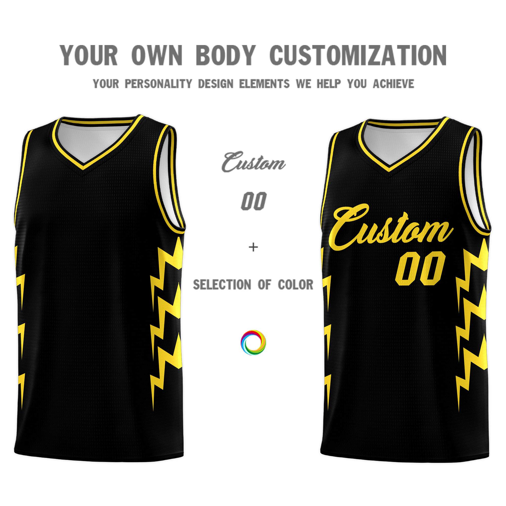 Custom Black Side Lightning Pattern Sports Uniform Basketball Jersey