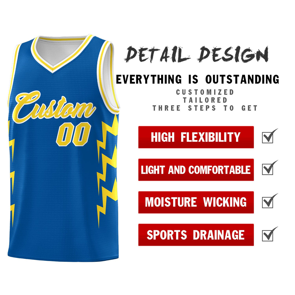 Custom Royal Side Lightning Pattern Sports Uniform Basketball Jersey
