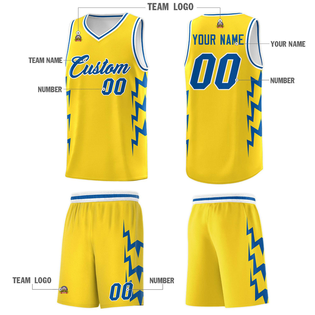 Custom Gold Side Lightning Pattern Sports Uniform Basketball Jersey