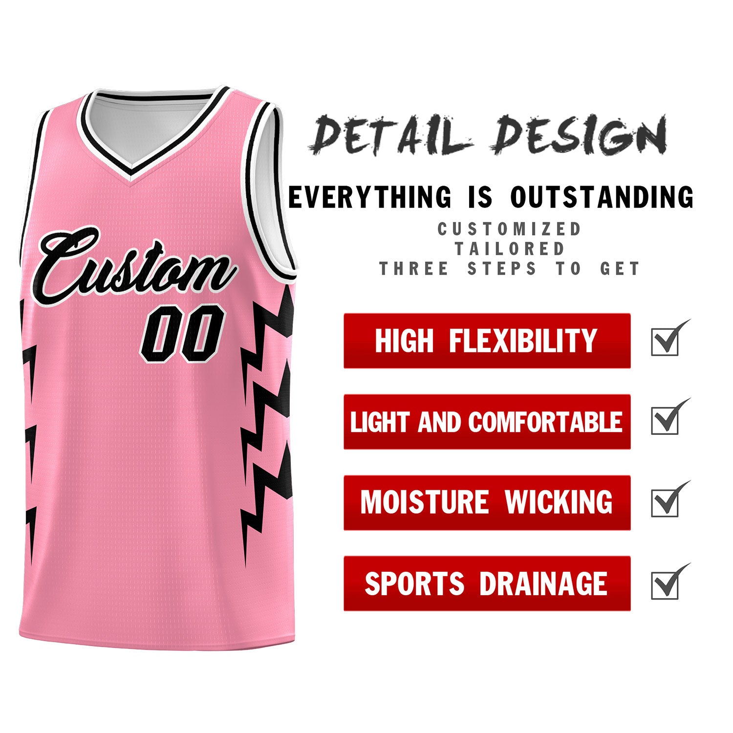 Custom Light Pink Side Lightning Pattern Sports Uniform Basketball Jersey