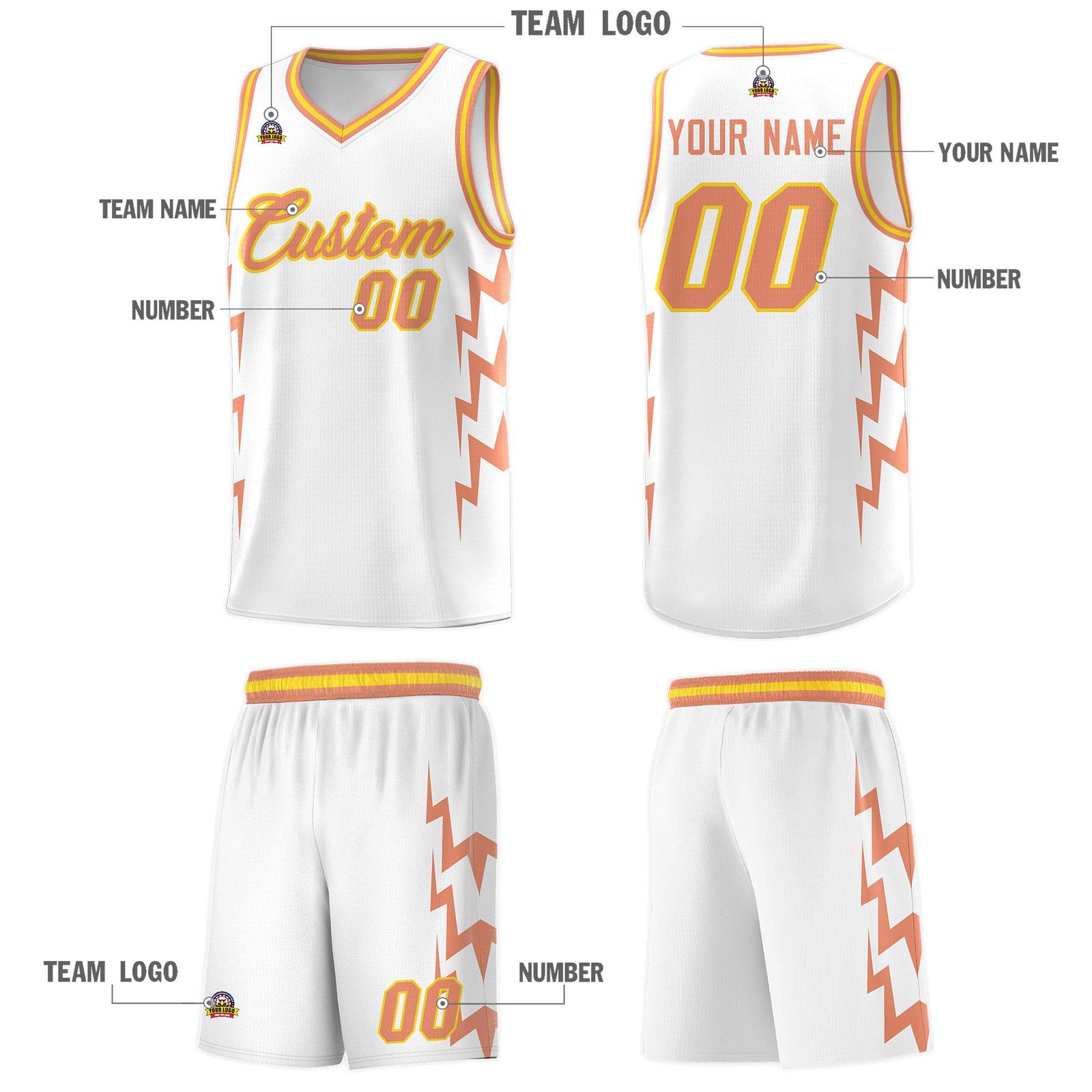 Custom White Side Lightning Pattern Sports Uniform Basketball Jersey