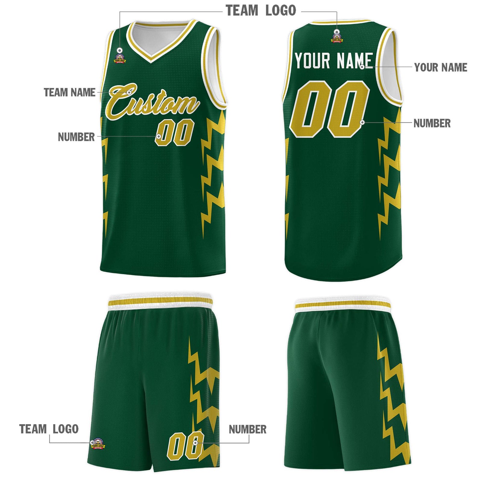 Custom Hunter Green Side Lightning Pattern Sports Uniform Basketball Jersey