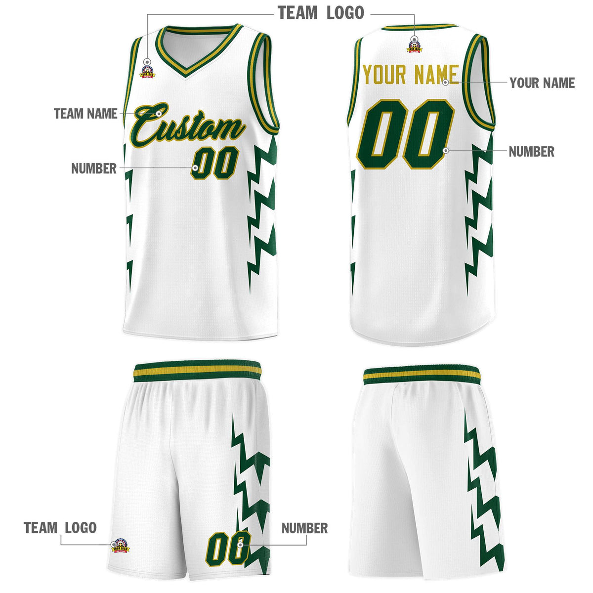 Custom White Side Lightning Pattern Sports Uniform Basketball Jersey