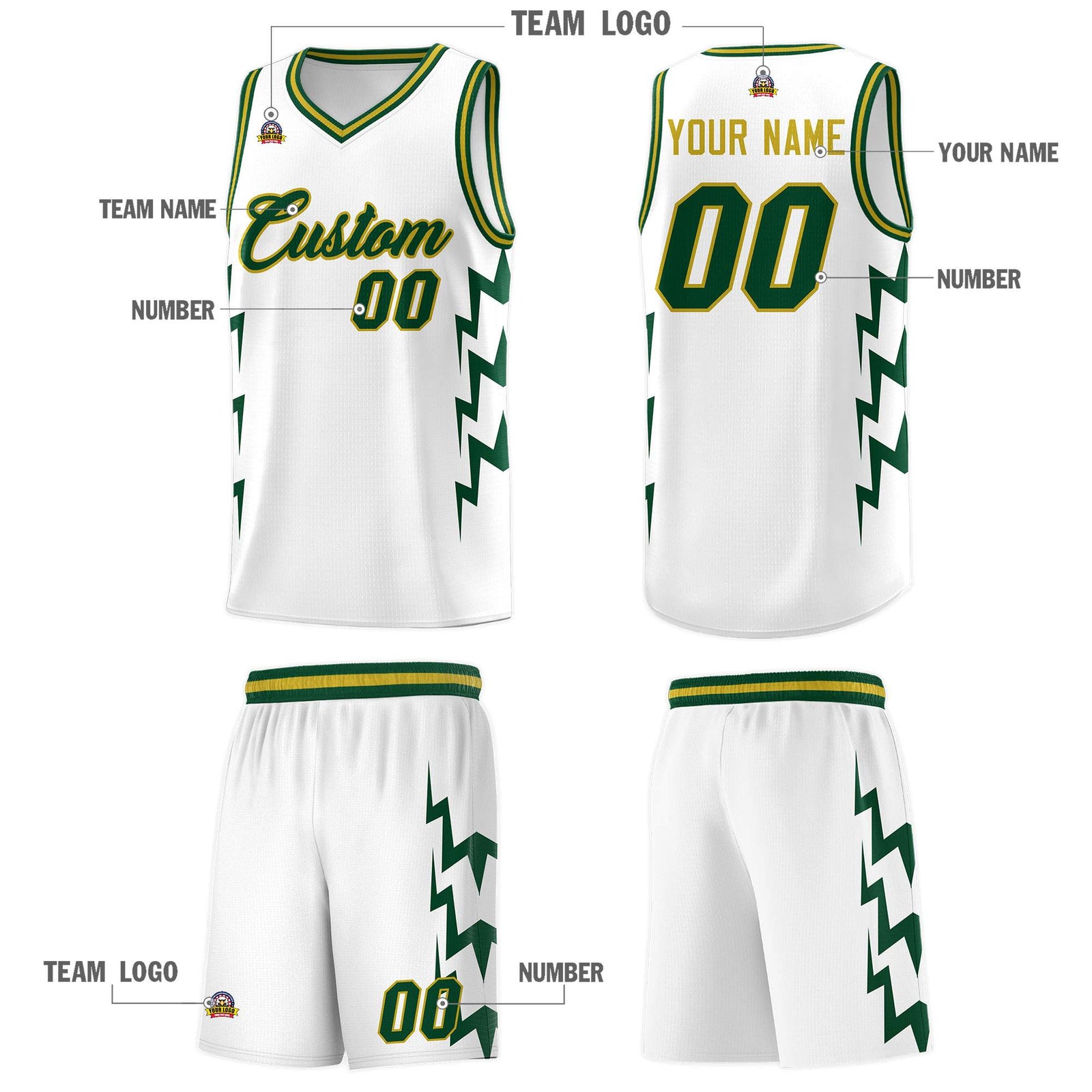 Custom White Side Lightning Pattern Sports Uniform Basketball Jersey