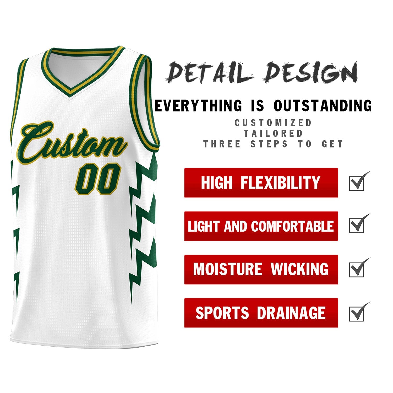 Custom White Side Lightning Pattern Sports Uniform Basketball Jersey