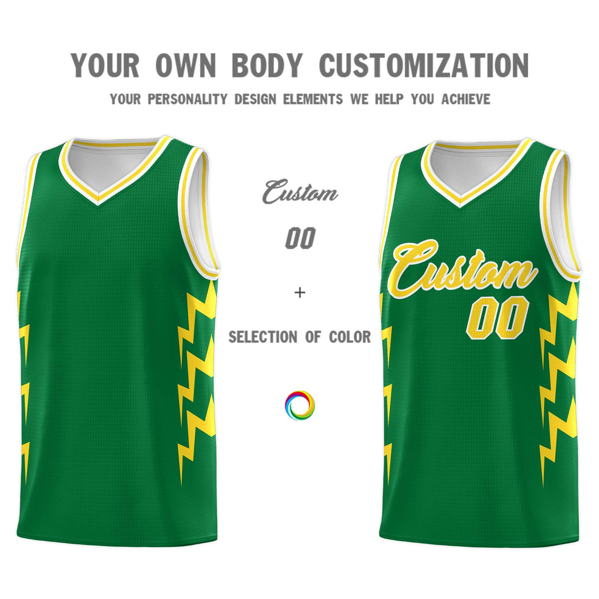 Custom Kelly Green Side Lightning Pattern Sports Uniform Basketball Jersey