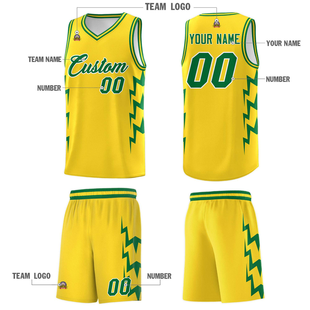 Custom Gold Side Lightning Pattern Sports Uniform Basketball Jersey