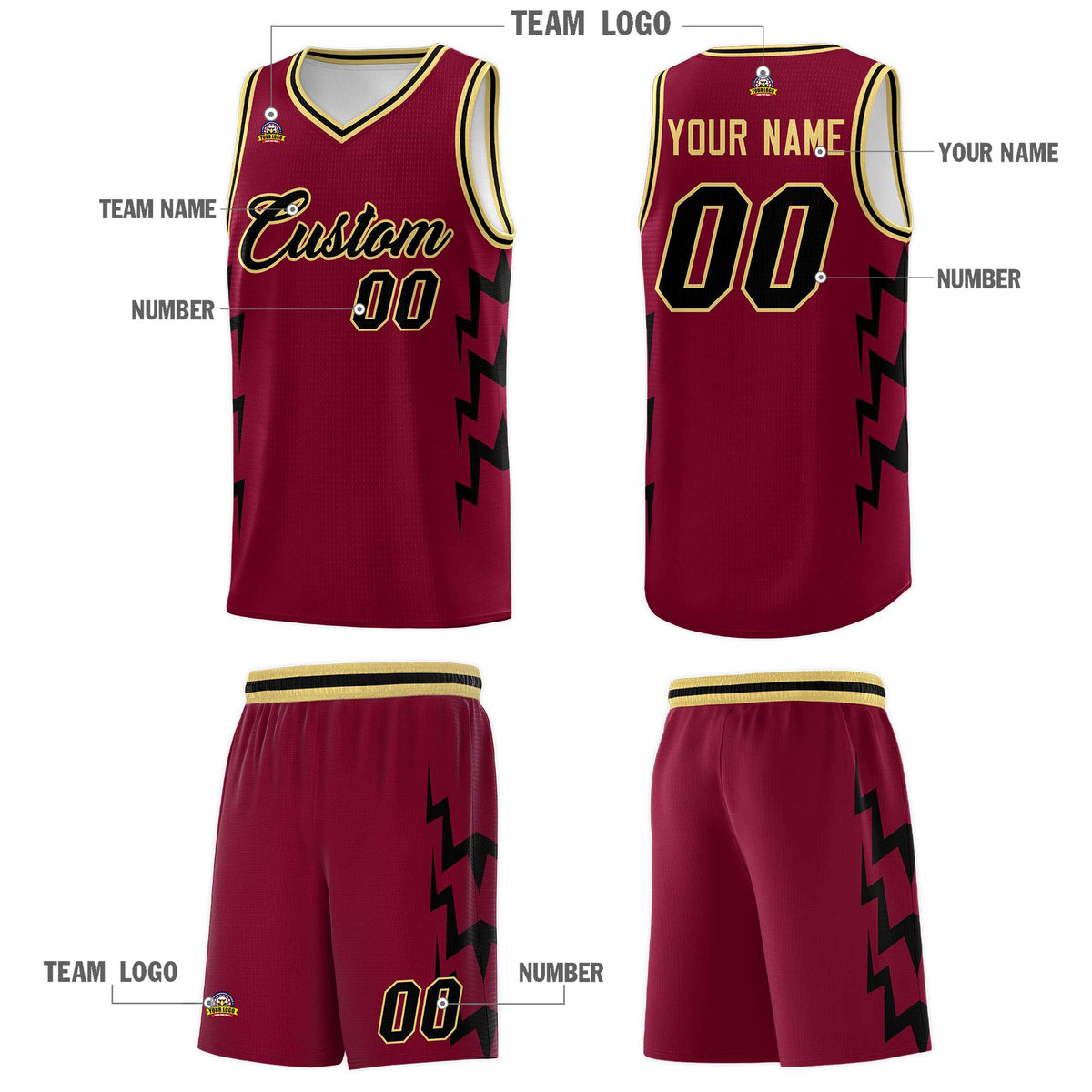 Custom Crimson Side Lightning Pattern Sports Uniform Basketball Jersey