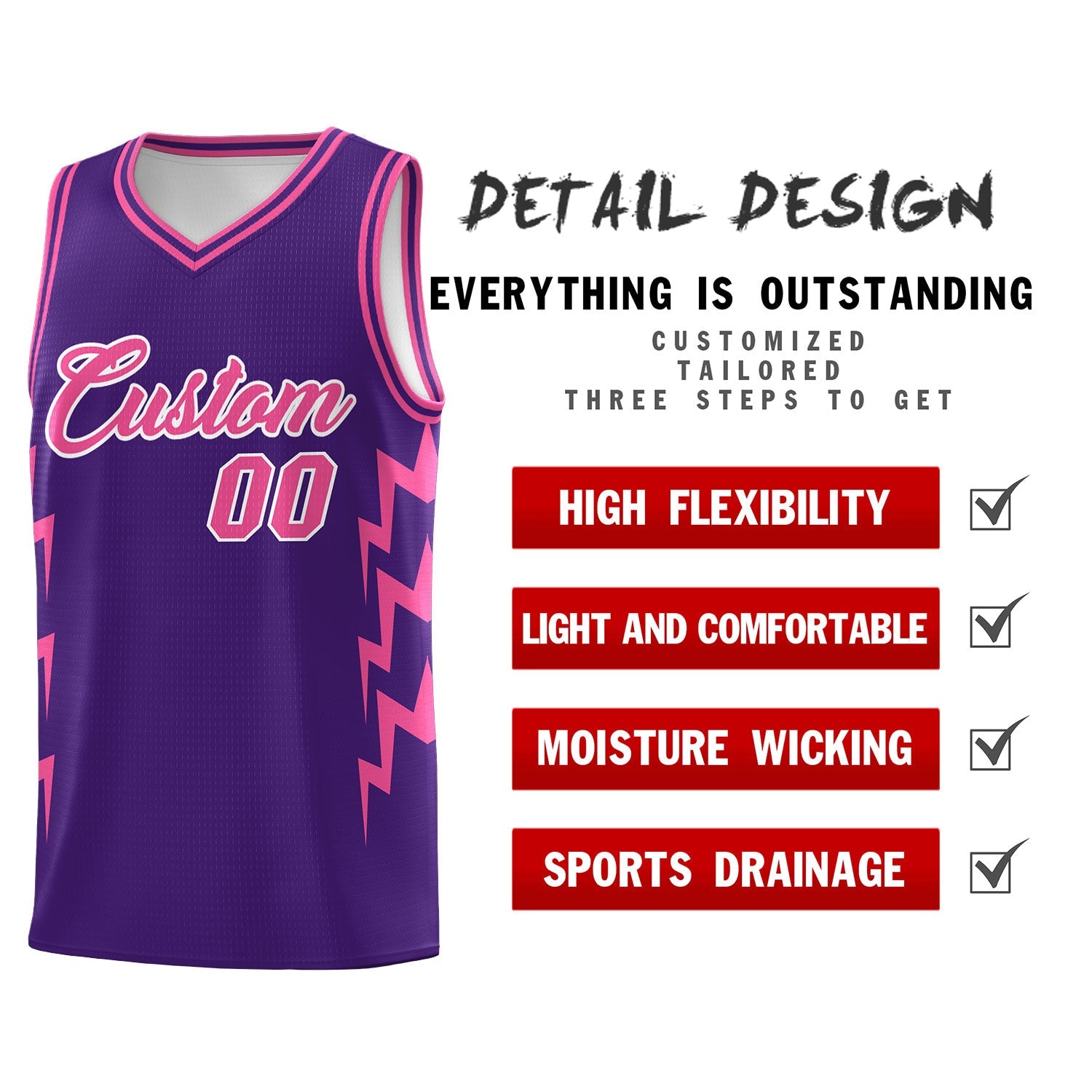 Custom Purple Side Lightning Pattern Sports Uniform Basketball Jersey