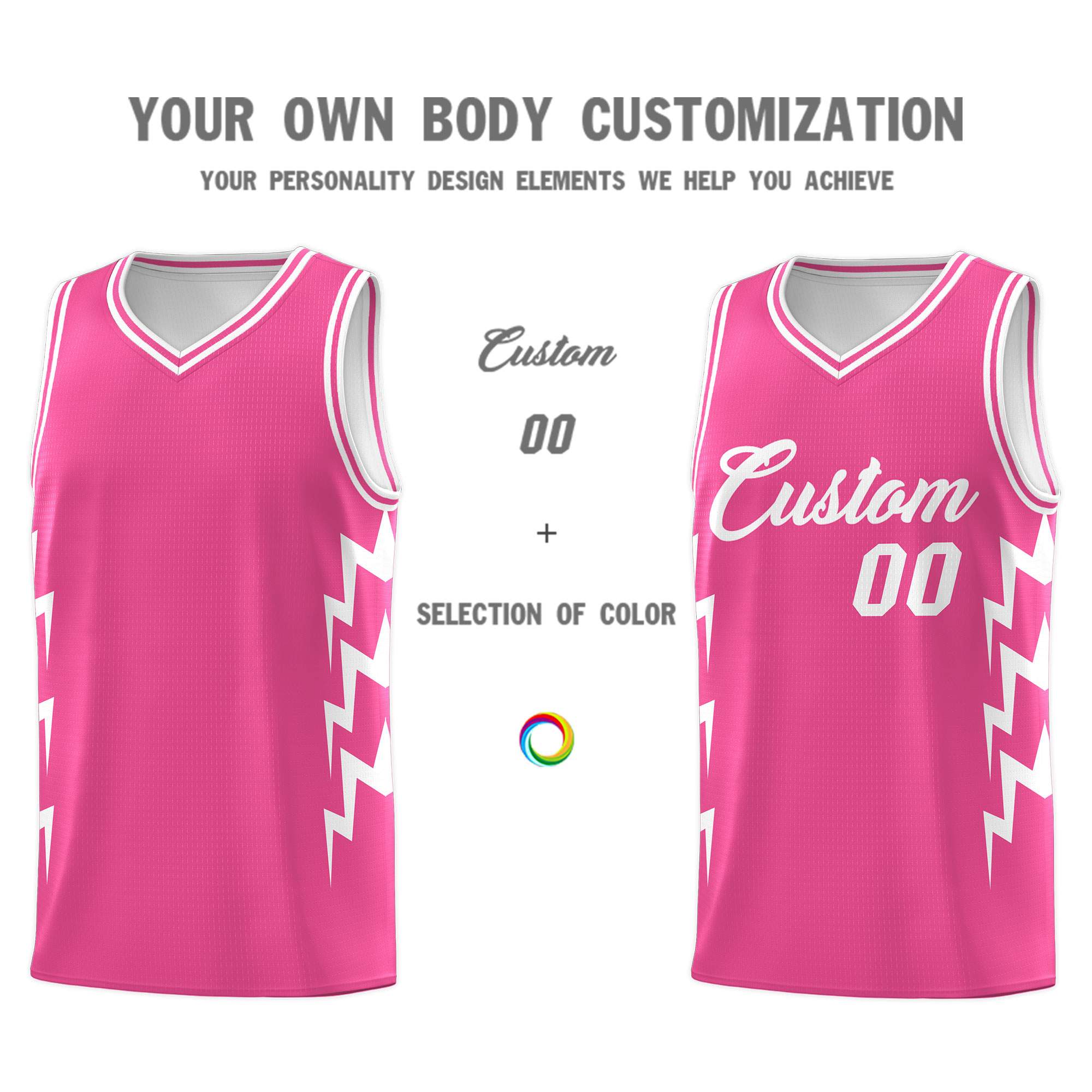 Custom Pink Side Lightning Pattern Sports Uniform Basketball Jersey