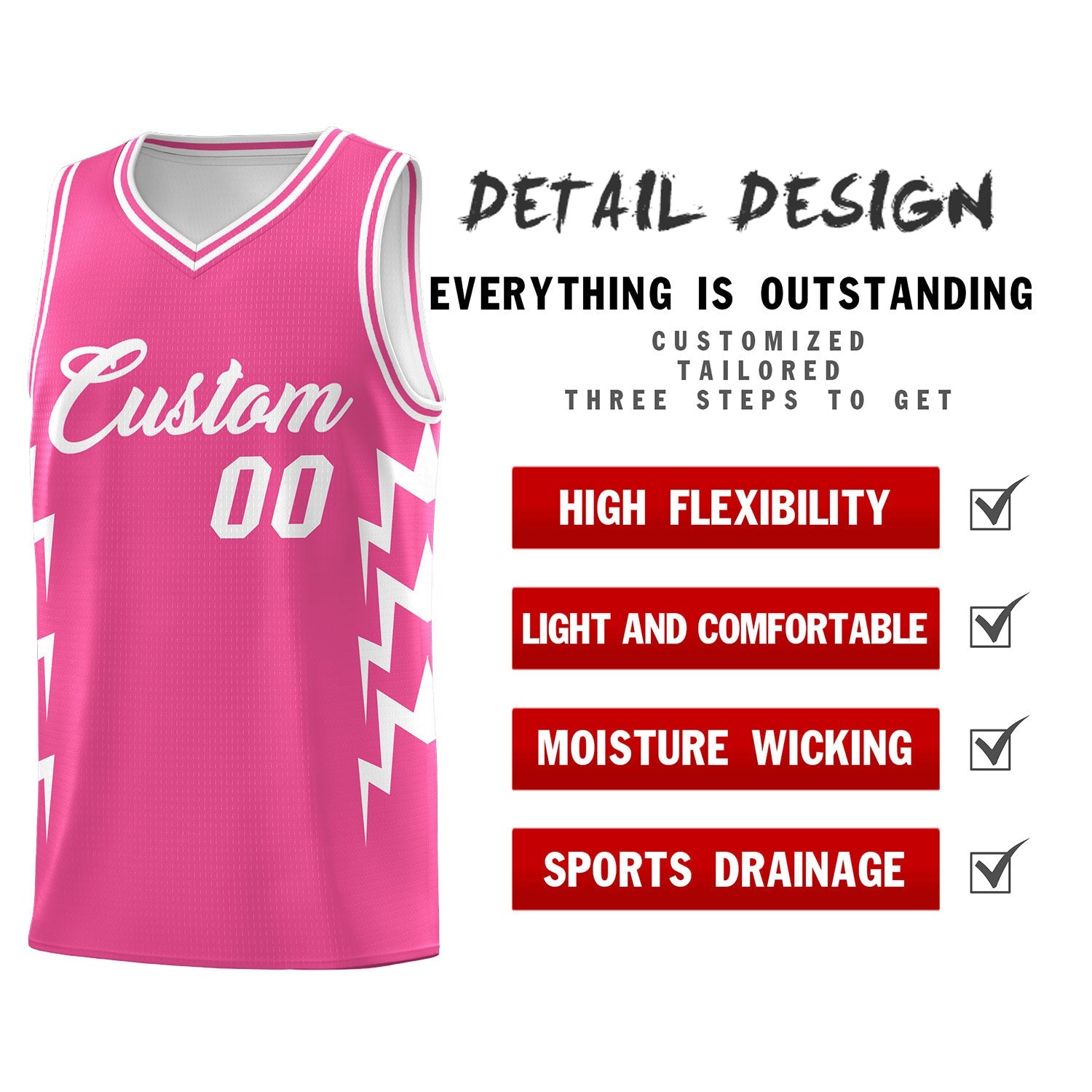 Custom Pink Side Lightning Pattern Sports Uniform Basketball Jersey