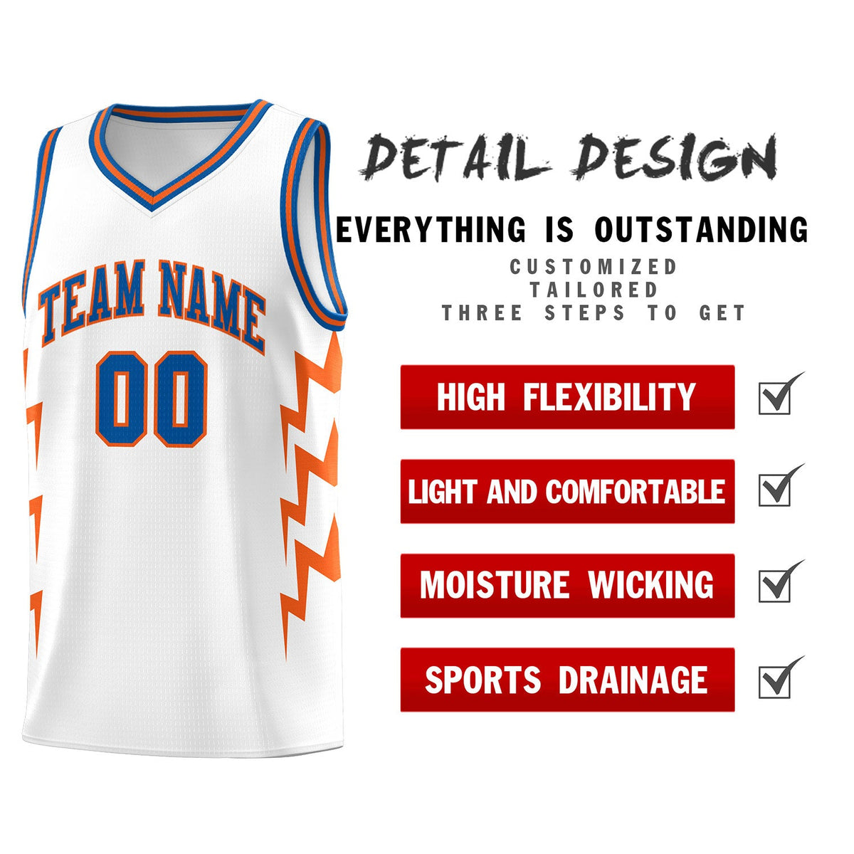 Custom White Side Lightning Pattern Sports Uniform Basketball Jersey