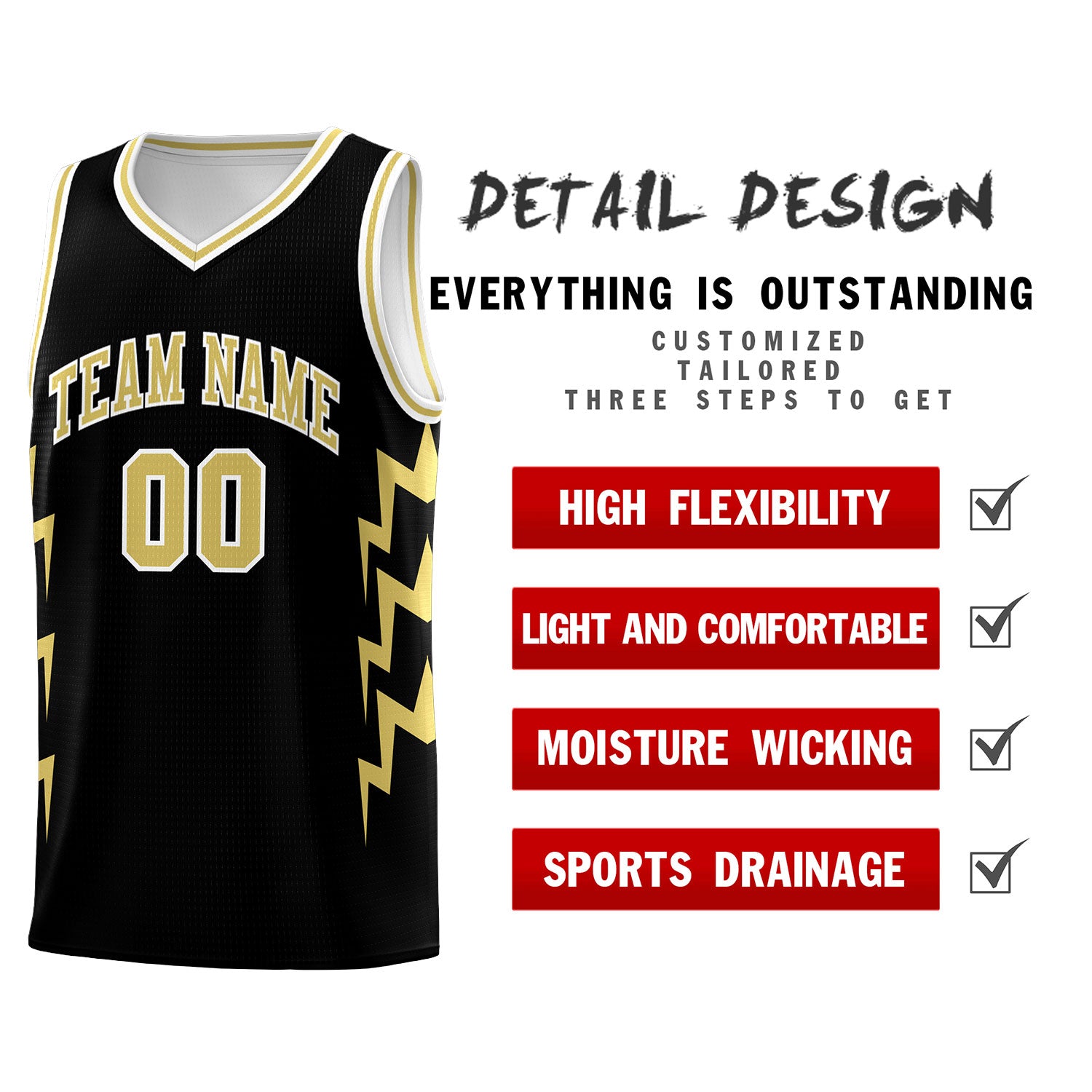 Custom Black Side Lightning Pattern Sports Uniform Basketball Jersey