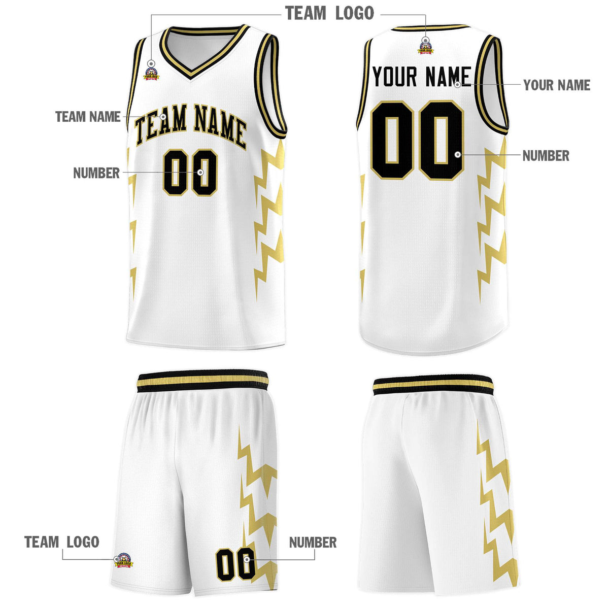 Custom White Side Lightning Pattern Sports Uniform Basketball Jersey