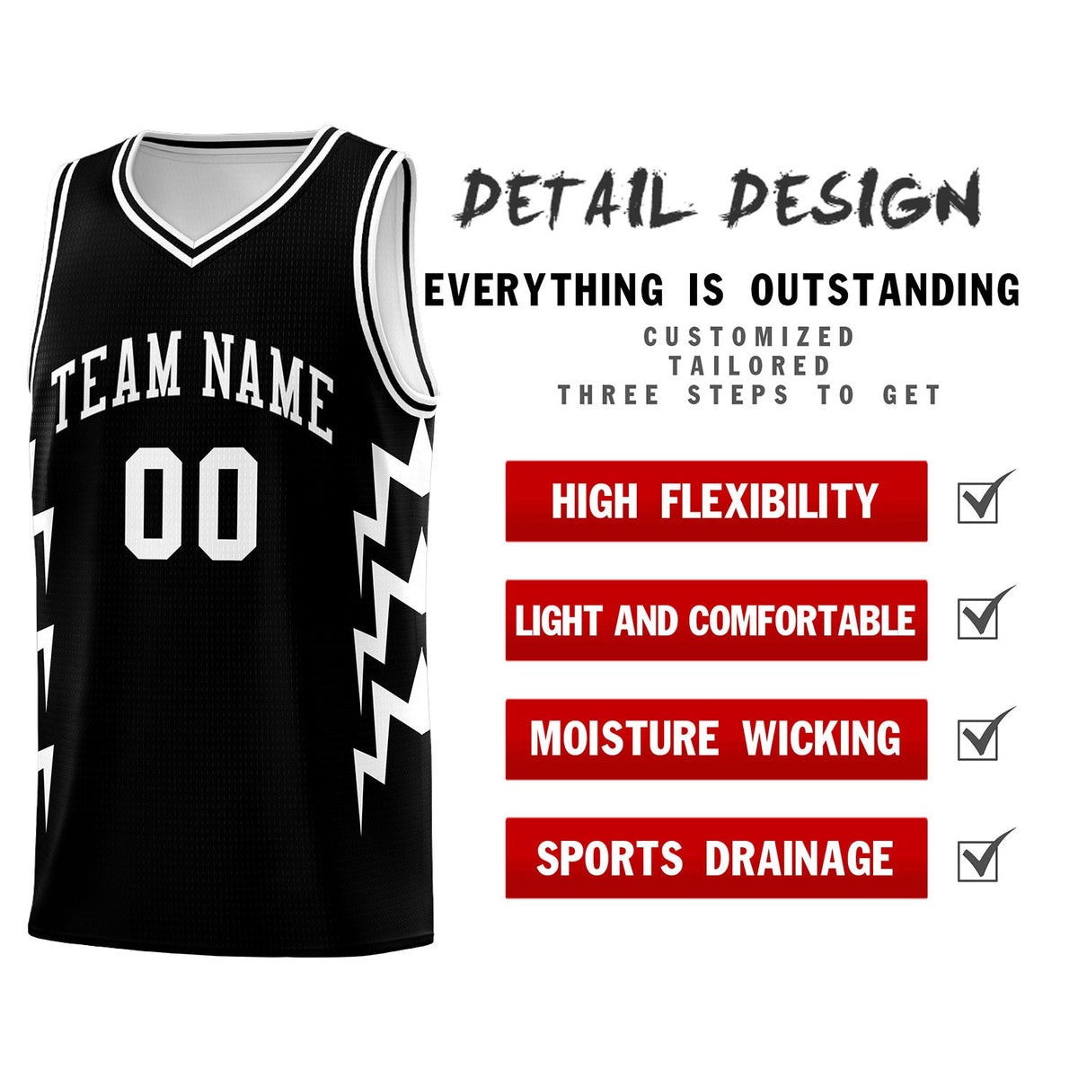 Custom Black Side Lightning Pattern Sports Uniform Basketball Jersey