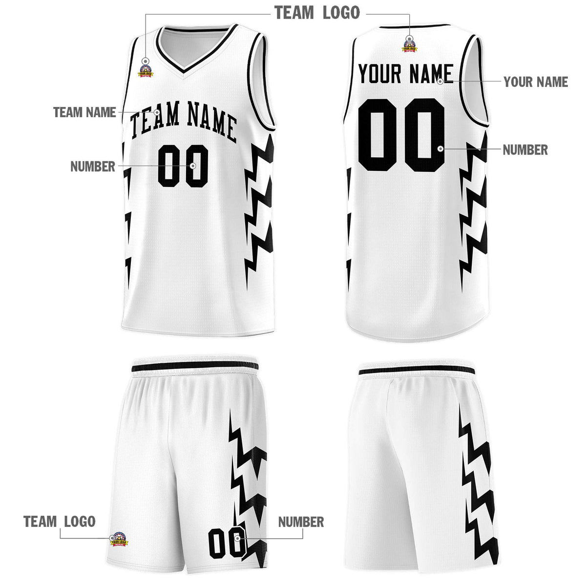 Custom White Side Lightning Pattern Sports Uniform Basketball Jersey