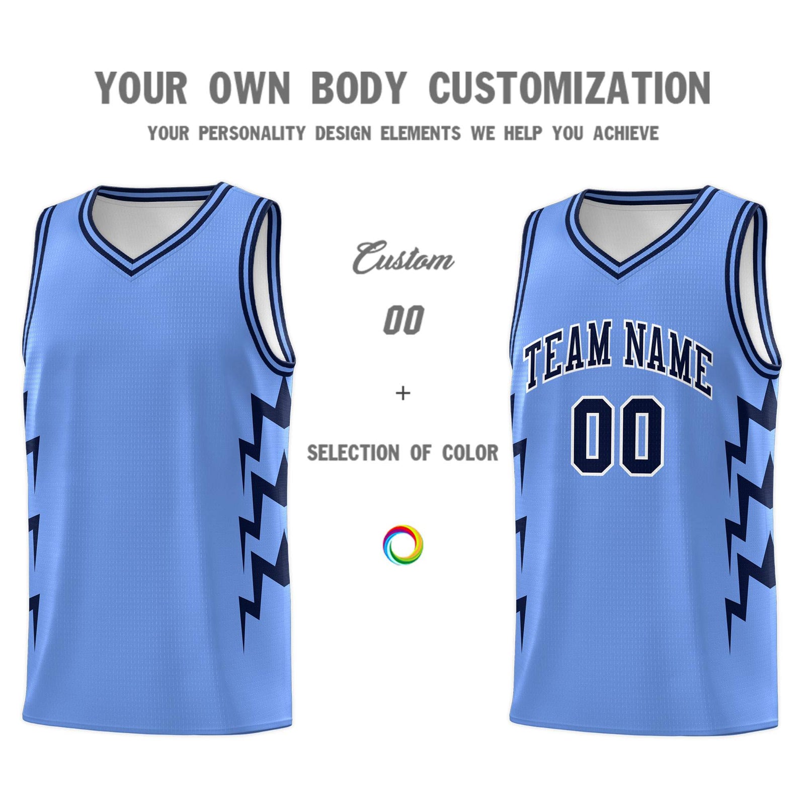 Custom Light Blue Side Lightning Pattern Sports Uniform Basketball Jersey