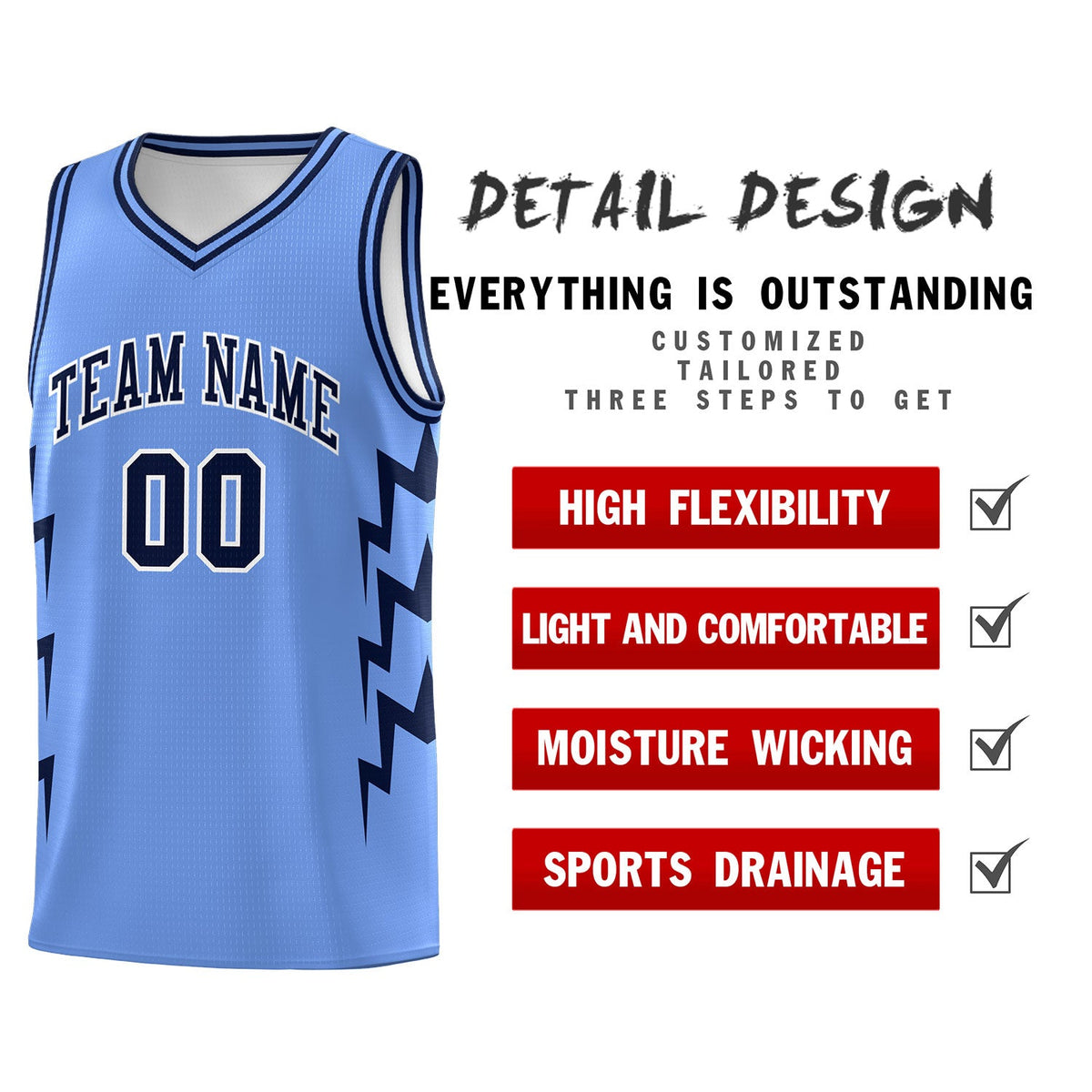 Custom Light Blue Side Lightning Pattern Sports Uniform Basketball Jersey