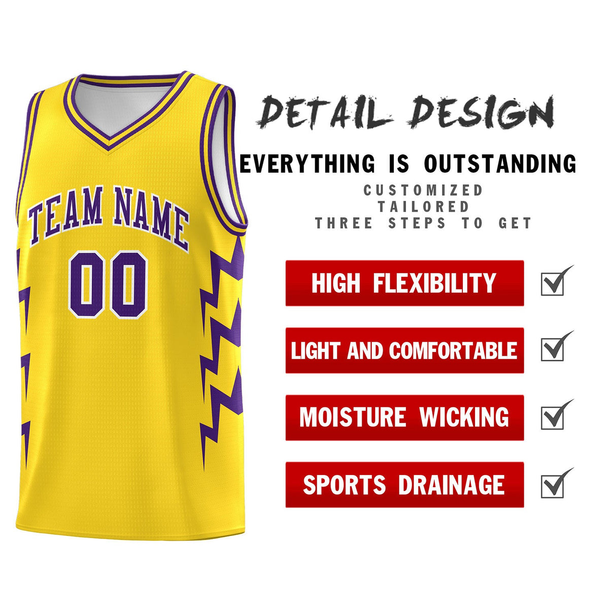 Custom Gold Side Lightning Pattern Sports Uniform Basketball Jersey