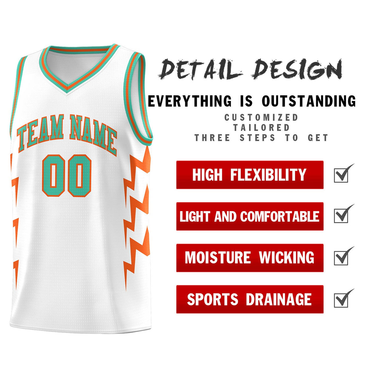 Custom White Side Lightning Pattern Sports Uniform Basketball Jersey