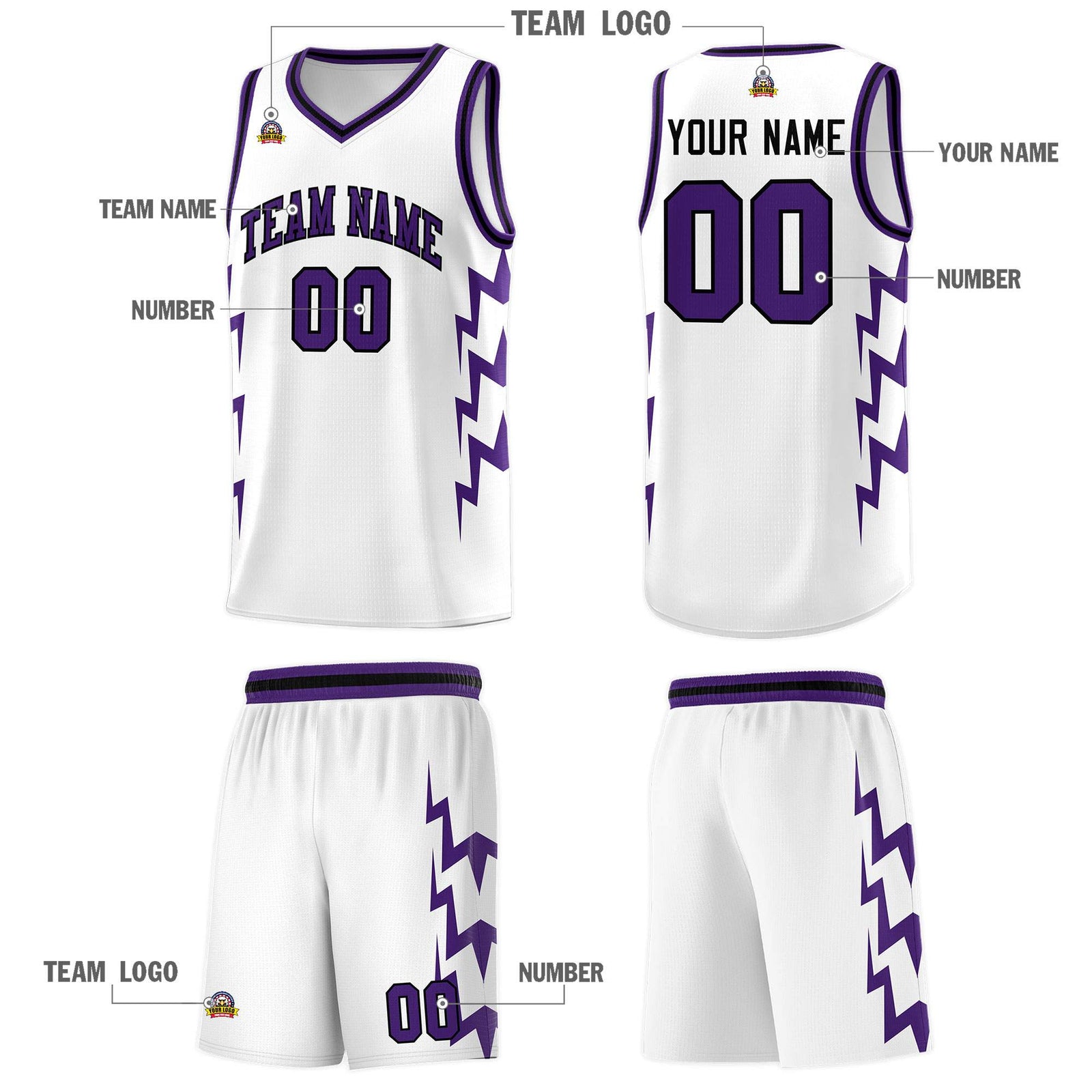 Custom White Side Lightning Pattern Sports Uniform Basketball Jersey