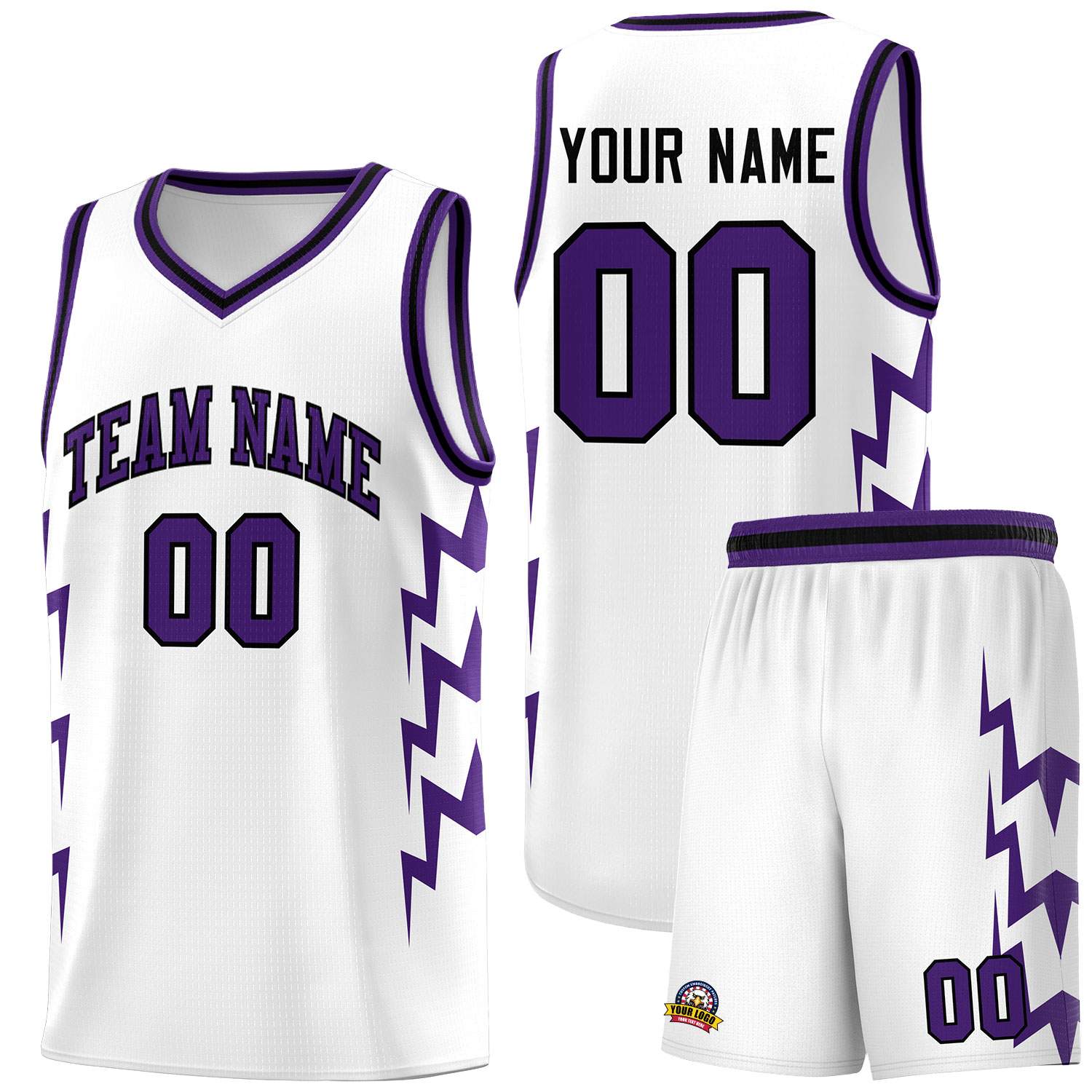 Custom White Side Lightning Pattern Sports Uniform Basketball Jersey
