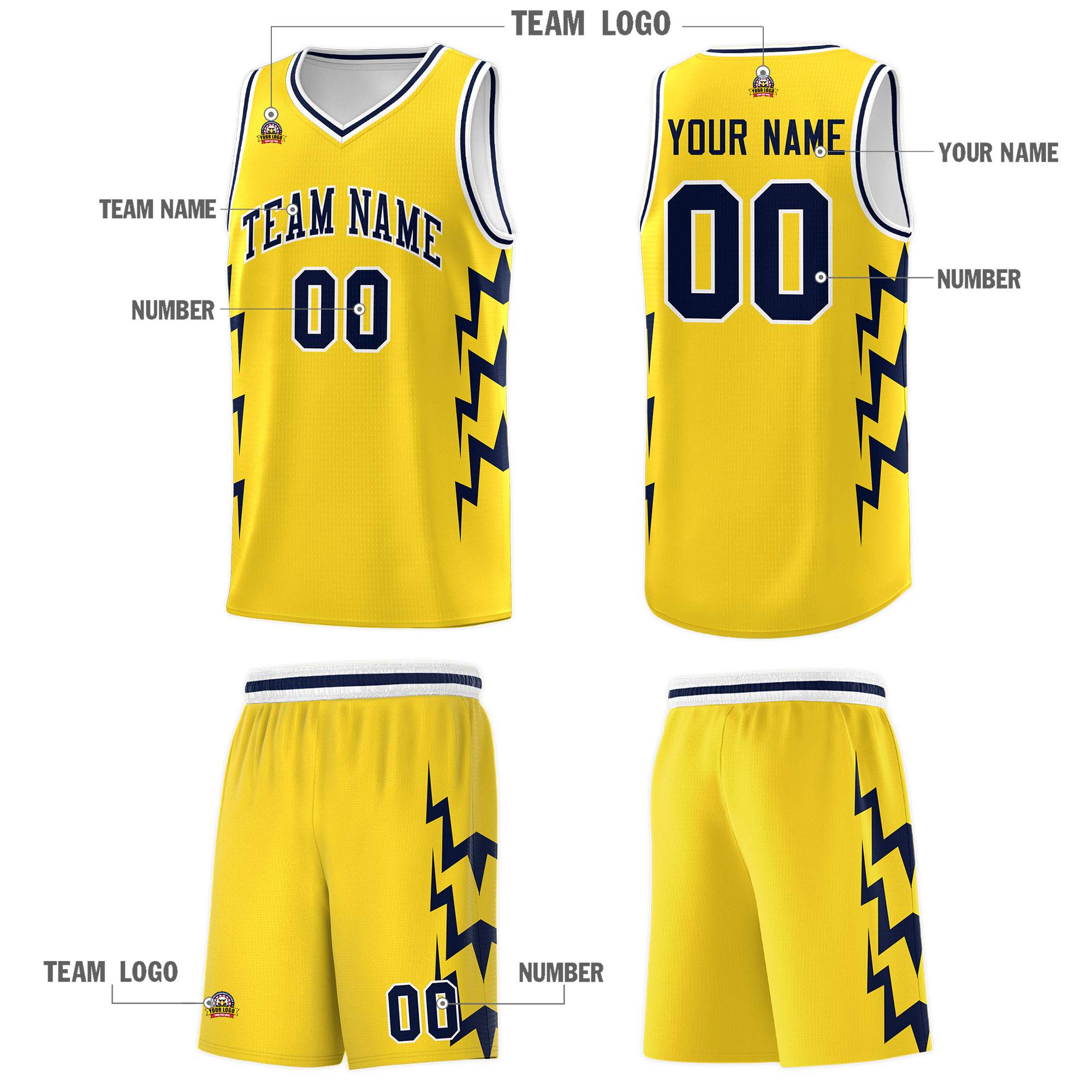 Custom Gold Side Lightning Pattern Sports Uniform Basketball Jersey
